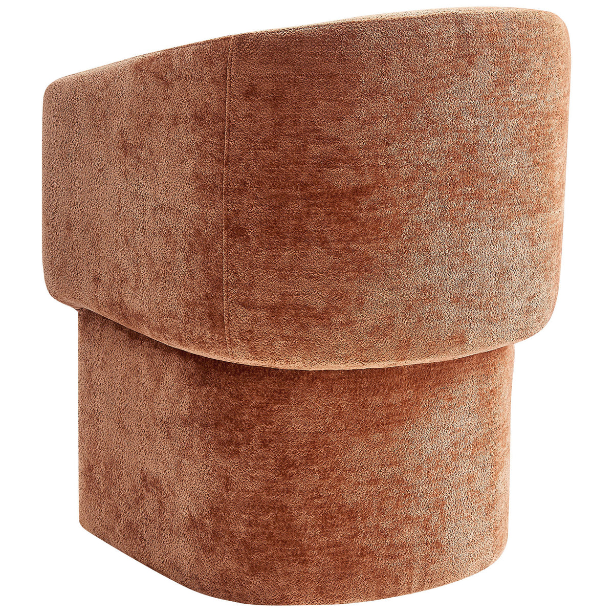Modern rust chenille dining chair with a clean, fully upholstered barrel back and pedestal base || EEI-6951-RUS || back_studio