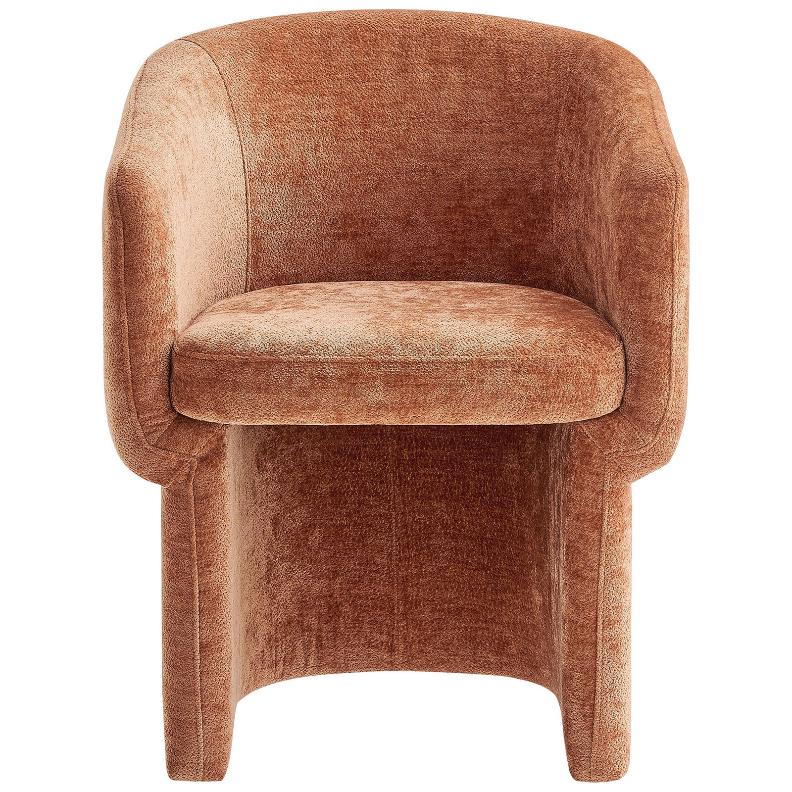 Cozy barrel-back dining armchair in rust chenille with thick foam seat and wraparound support || EEI-6951-RUS || front_studio
