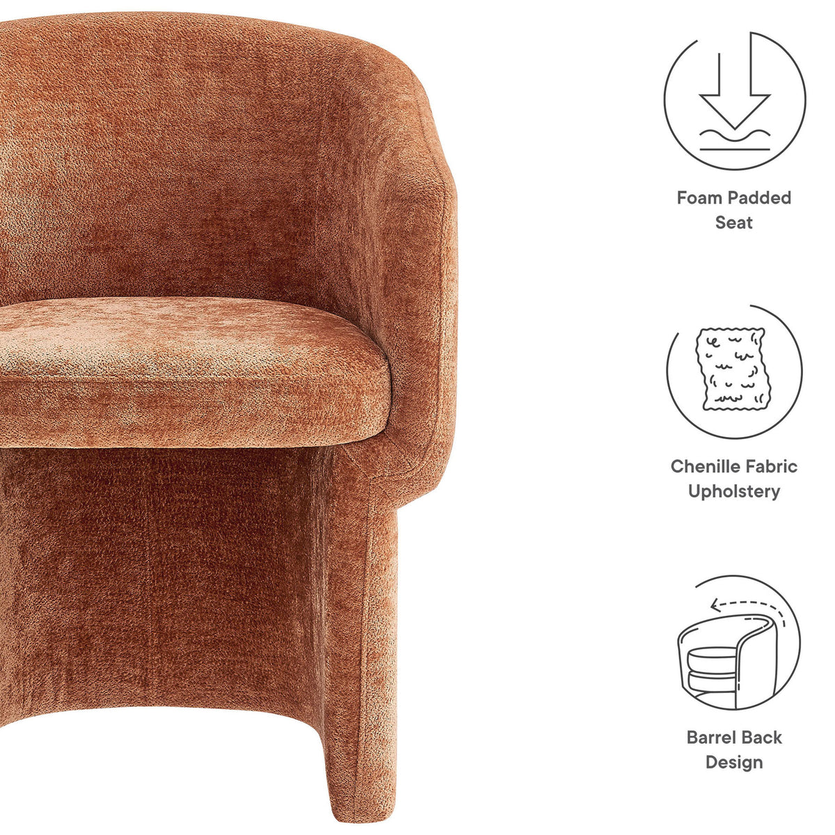 Verity rust chenille barrel chair with icons highlighting foam padded seat, chenille upholstery, and barrel back design || EEI-6951-RUS || callout_studio
