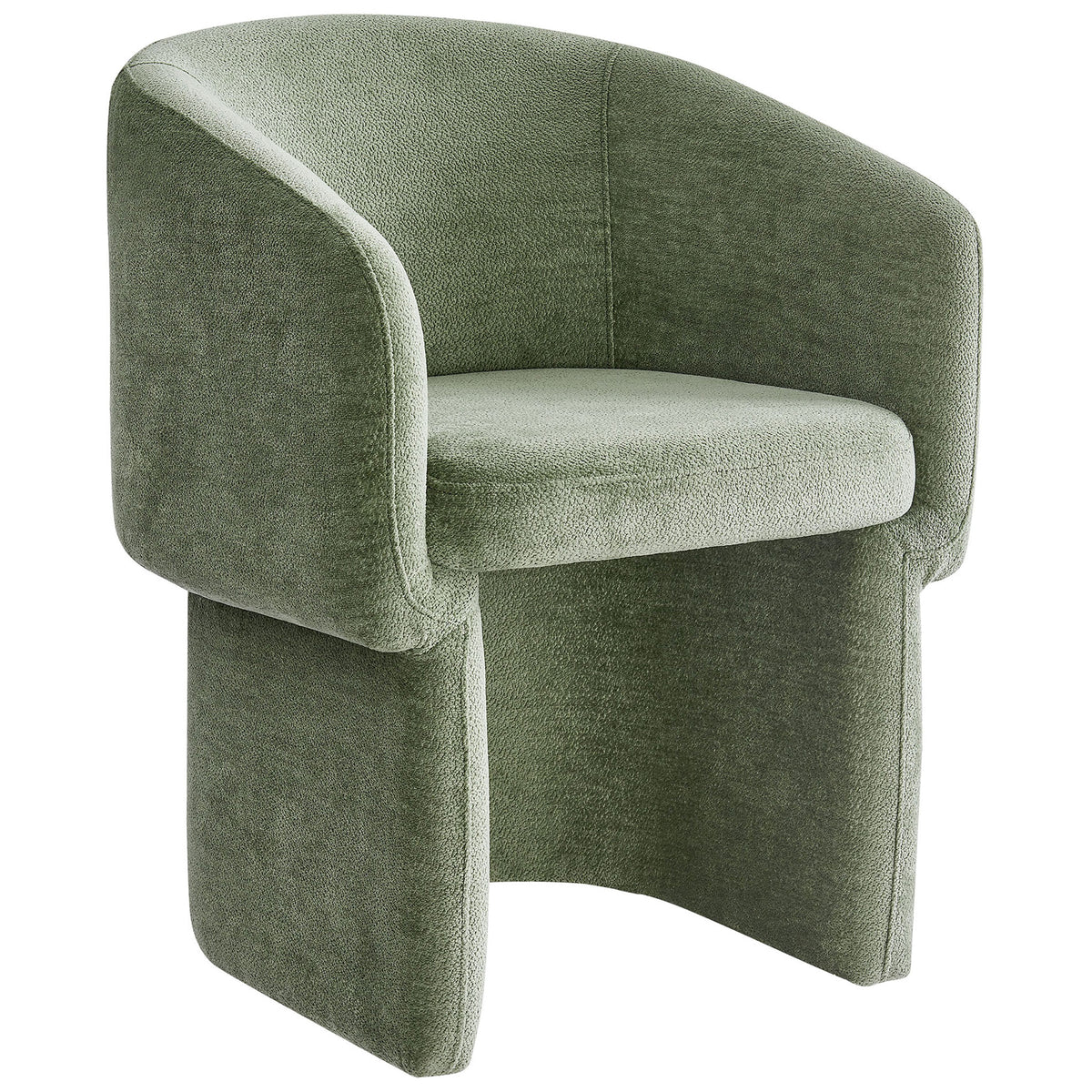 Sage green chenille barrel back dining armchair with sculptural split pedestal base || EEI-6951-SGE || front_angle_studio