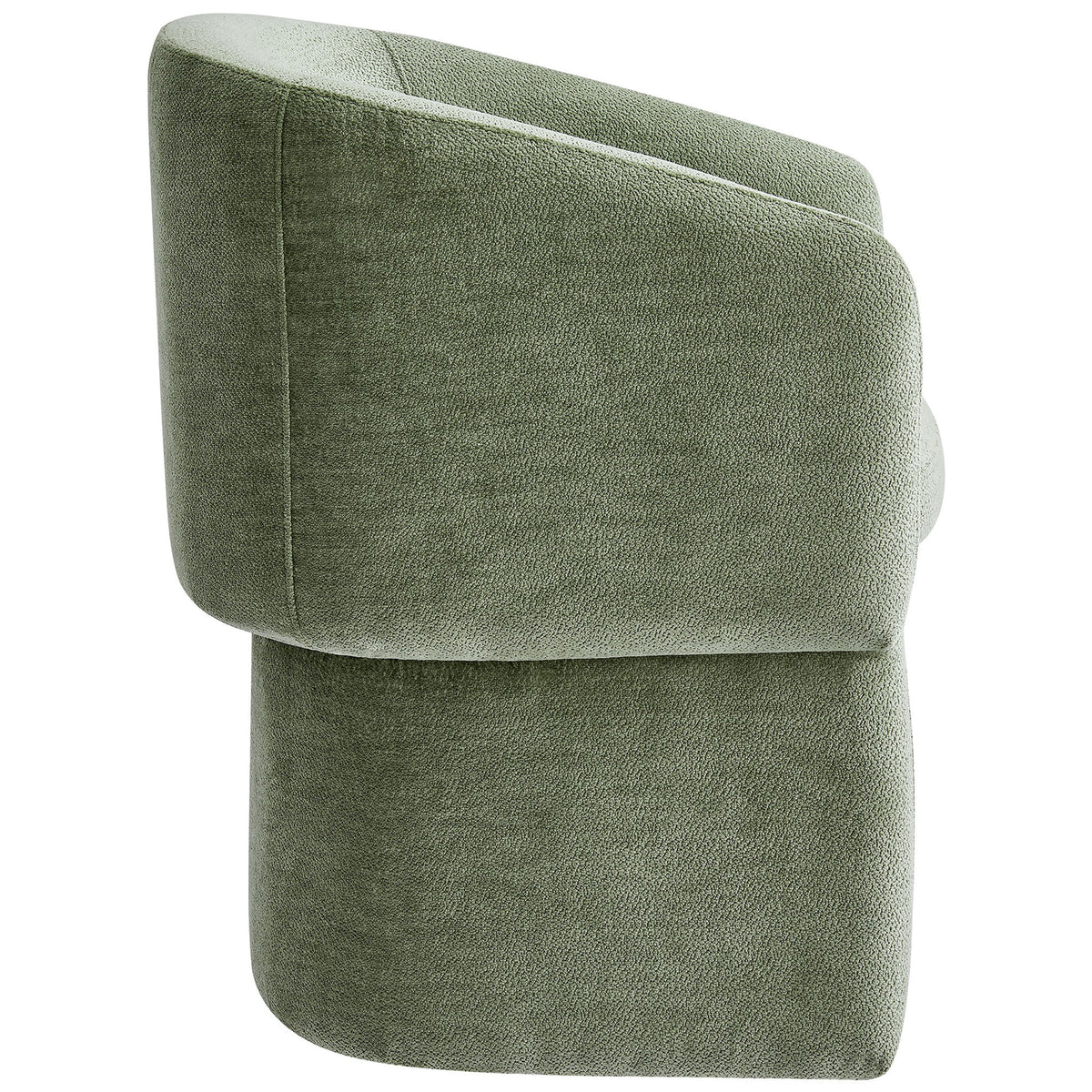 Curved barrel side profile of sage chenille dining armchair with generously padded seat || EEI-6951-SGE || side_studio