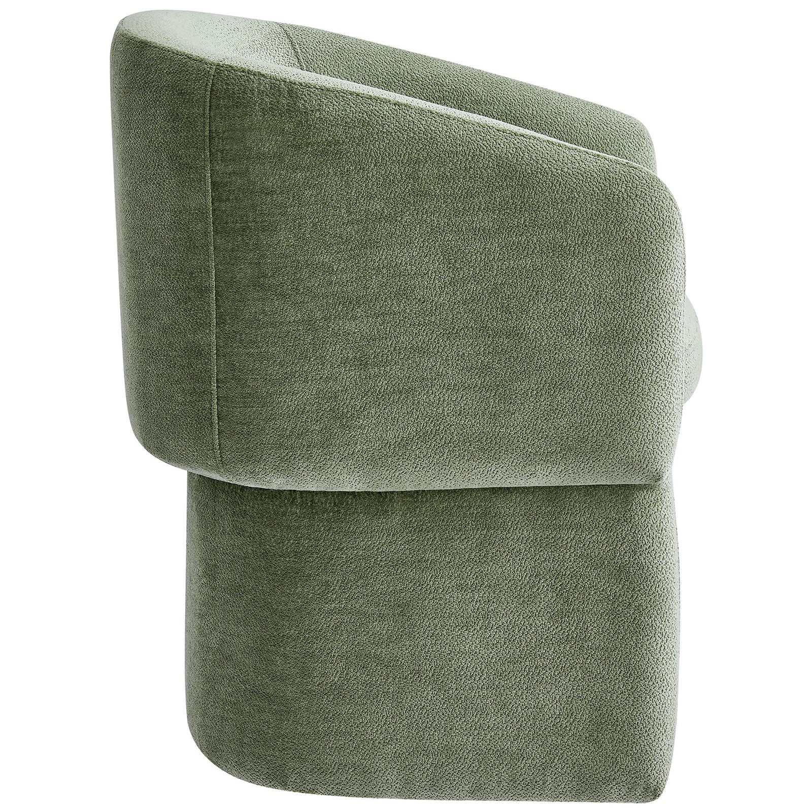 Curved barrel side profile of sage chenille dining armchair with generously padded seat || EEI-6951-SGE || side_studio