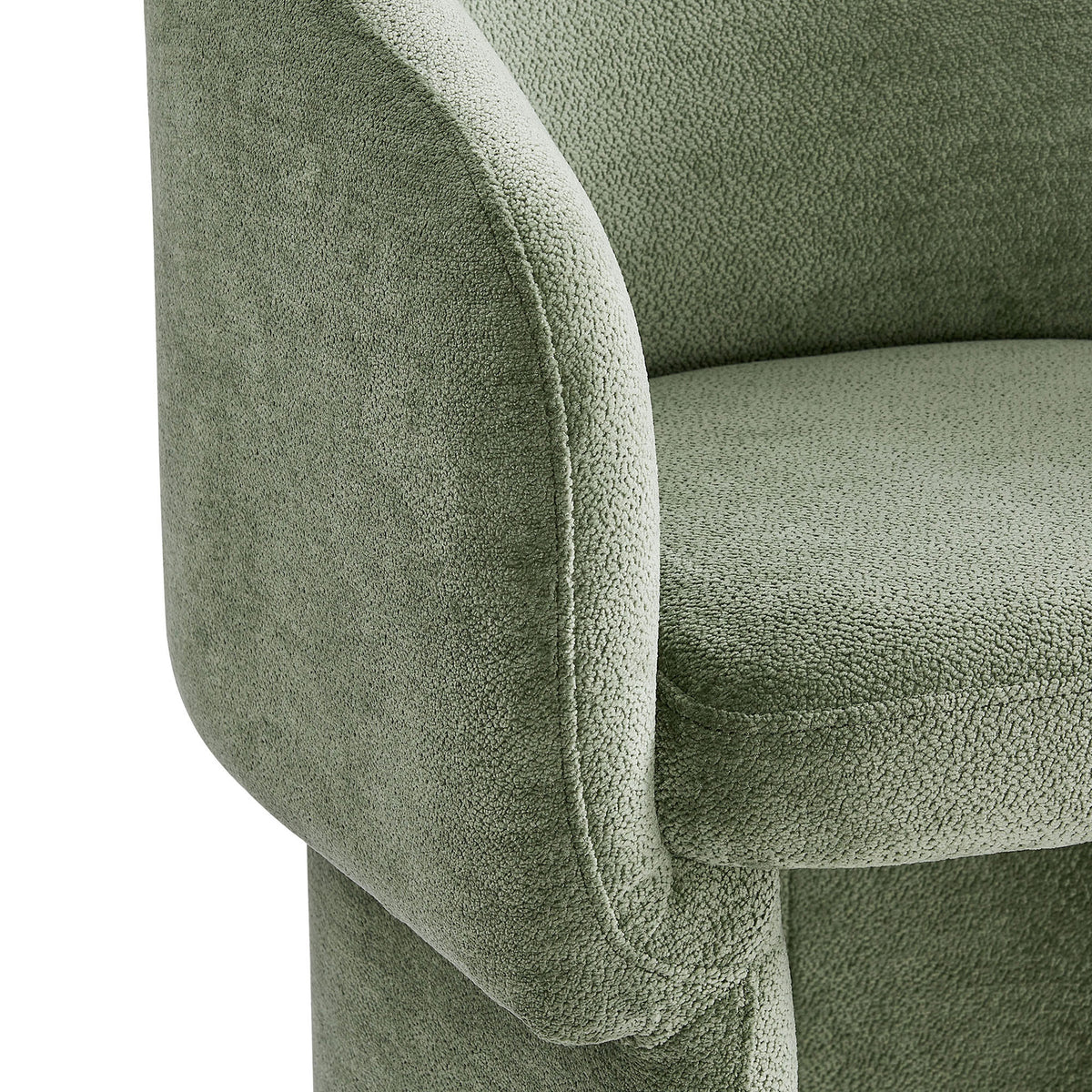Close-up of soft sage chenille upholstery and rounded armrest on Verity dining armchair || EEI-6951-SGE || detail_studio