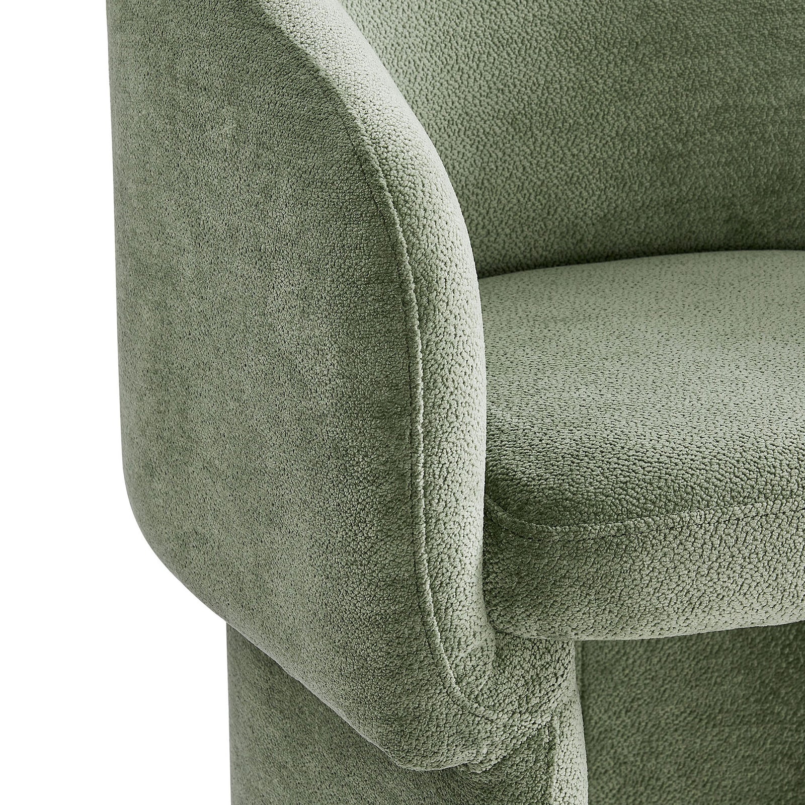 Close-up of soft sage chenille upholstery and rounded armrest on Verity dining armchair || EEI-6951-SGE || detail_studio