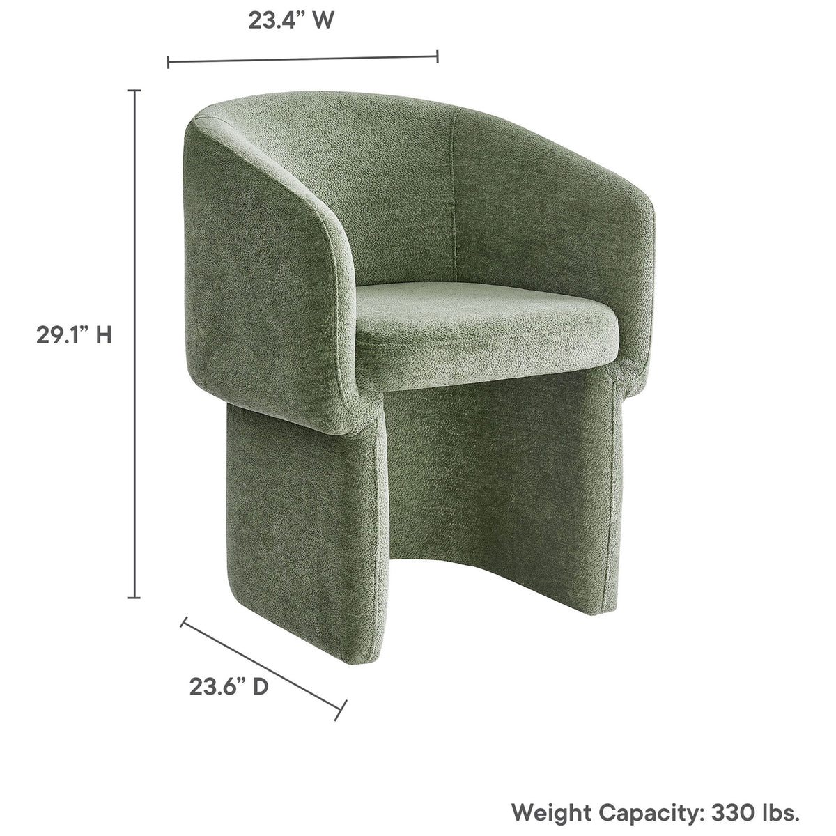 Dimension diagram of the Verity sage chenille armchair showing overall width, depth, height, and weight capacity || EEI-6951-SGE || dimension_studio