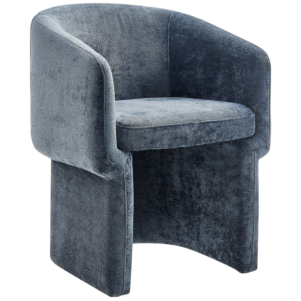 Slate blue chenille barrel dining armchair with plush seat and curved wraparound back || EEI-6951-SLA || front_angle_studio