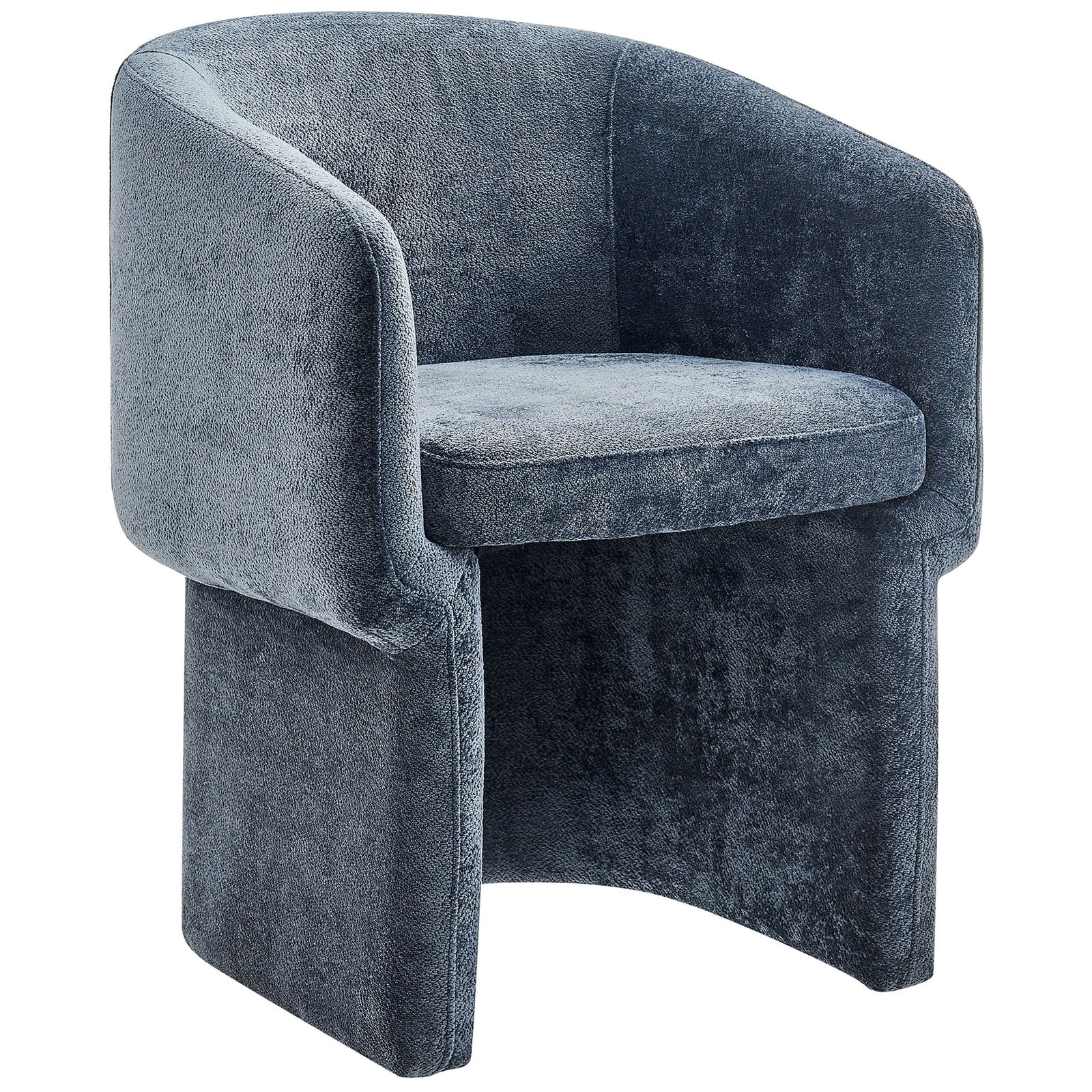 Slate blue chenille barrel dining armchair with plush seat and curved wraparound back || EEI-6951-SLA || front_angle_studio