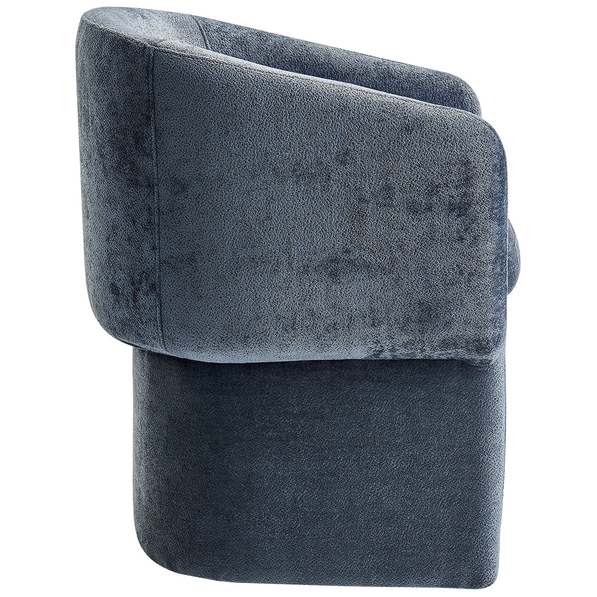 Sleek side silhouette of slate blue barrel armchair with thick seat cushion and smooth chenille upholstery || EEI-6951-SLA || side_studio