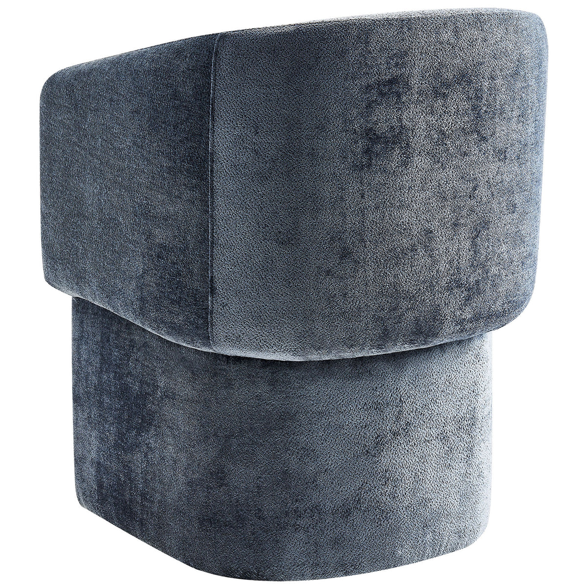 Rear silhouette of slate blue barrel dining chair with fully upholstered back and pedestal base || EEI-6951-SLA || back_angle_studio