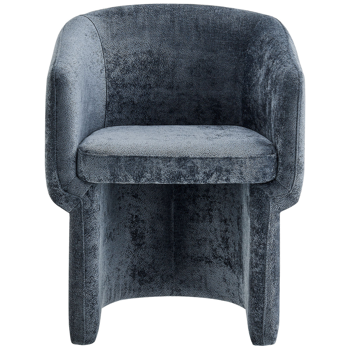 Slate blue chenille barrel armchair featuring inset seat and tailored sculptural base || EEI-6951-SLA || front_studio