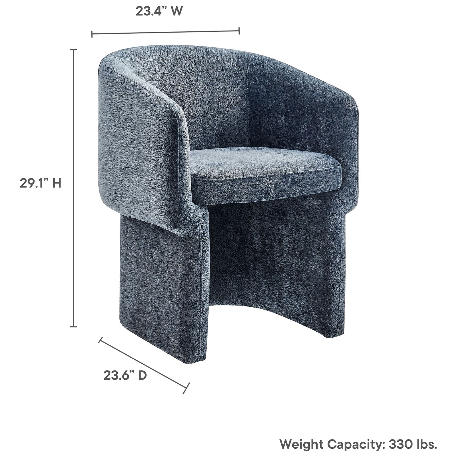 Slate blue chenille barrel armchair with dimensions and 330 lb weight capacity noted beside the chair || EEI-6951-SLA || dimension_studio