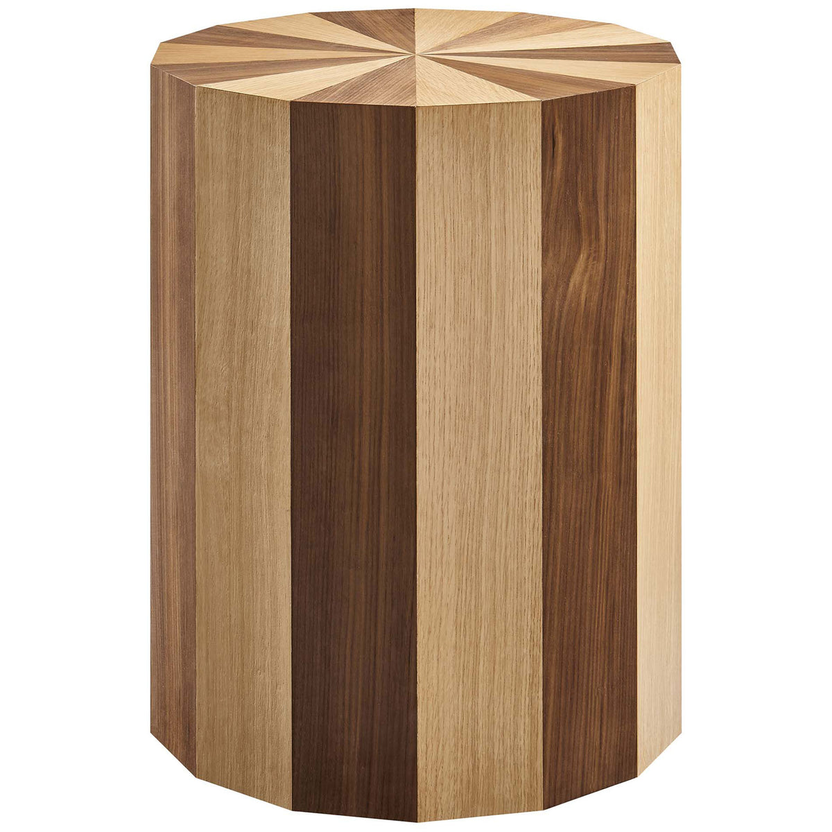 Two-toned oak and walnut veneer side table with striking vertical wood panel pattern || EEI-6952-OAK-WAL || front_studio