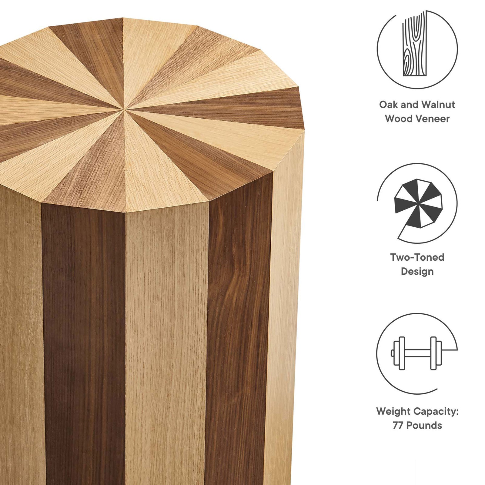 Key features of the Twirl table including two-toned veneer and strong 77 pound weight capacity || EEI-6952-OAK-WAL || callout_studio