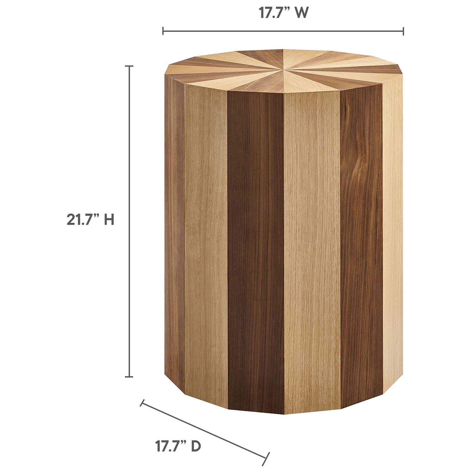 Dimensions of the compact Twirl side table for easy placement beside sofas and accent chairs || EEI-6952-OAK-WAL || dimension_studio
