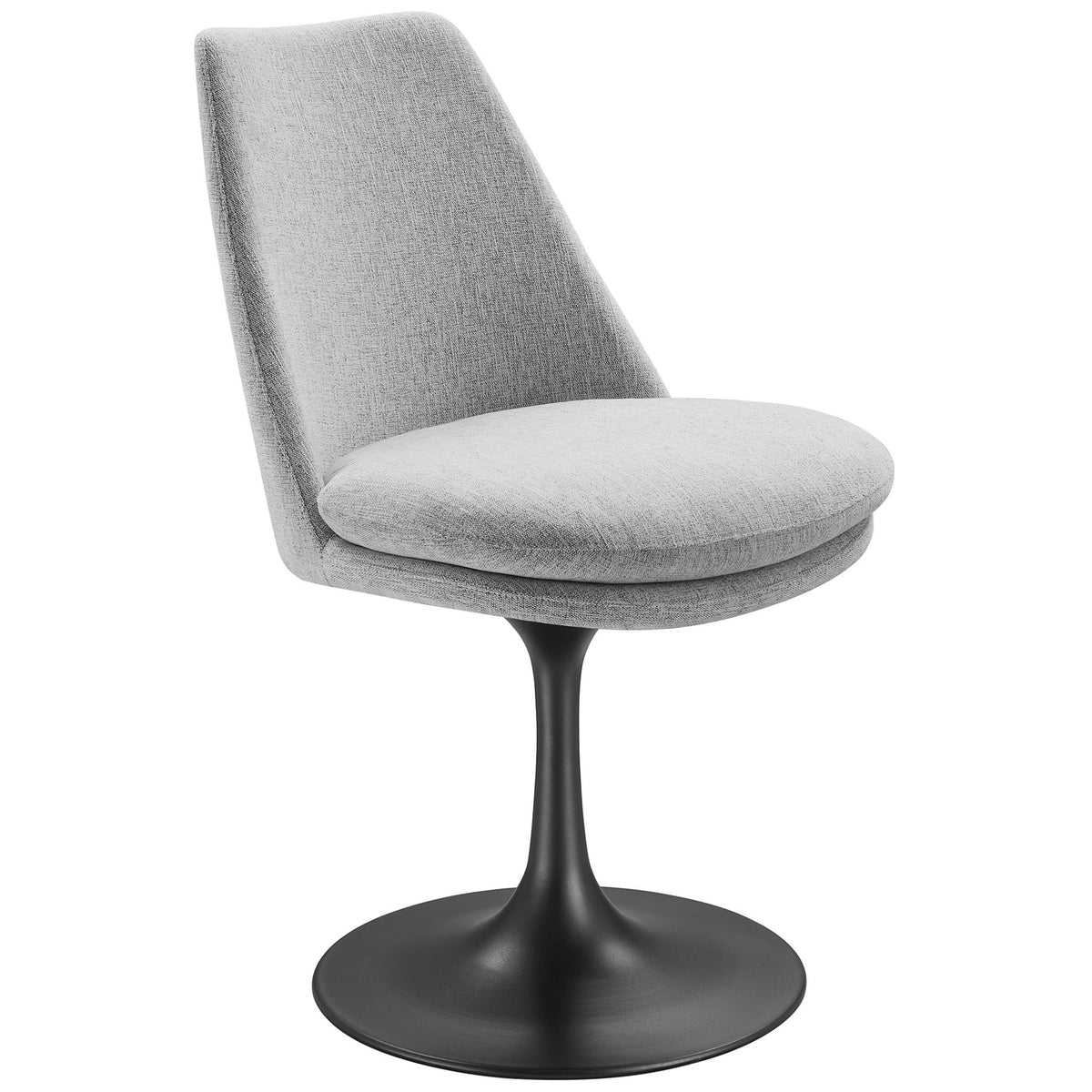 Modern gray swivel dining chair with plush layered seat cushion and smooth black tulip pedestal base || EEI-6953-BLK-HLG || front_angle_studio