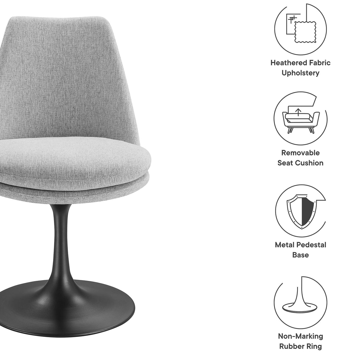 Gray upholstered swivel chair with icons highlighting removable cushion, metal pedestal, and floor-safe base ring || EEI-6953-BLK-HLG || callout_studio