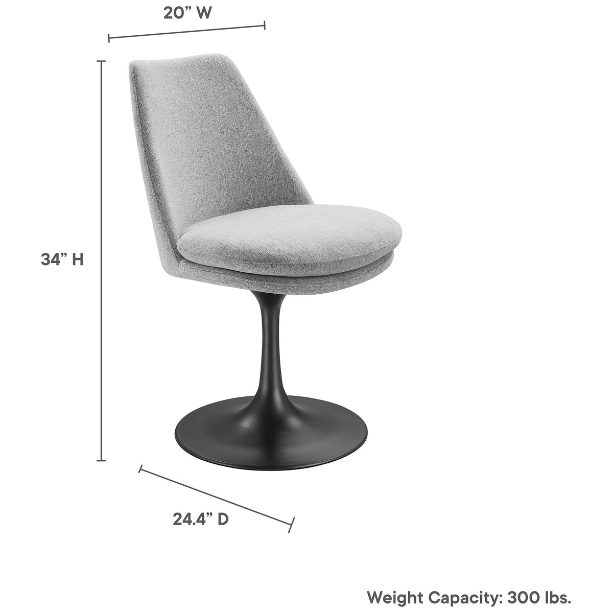 Gray upholstered swivel dining chair with clearly labeled dimensions and 300 pound weight capacity || EEI-6953-BLK-HLG || dimension_studio