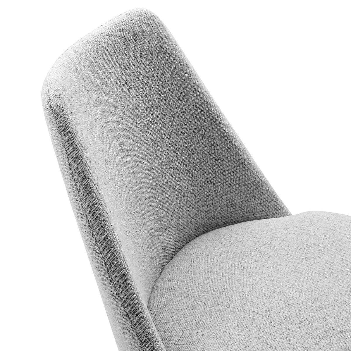 Textured heathered light gray upholstery and gently curved backrest on the swivel dining chair || EEI-6953-WHI-HLG || detail_studio