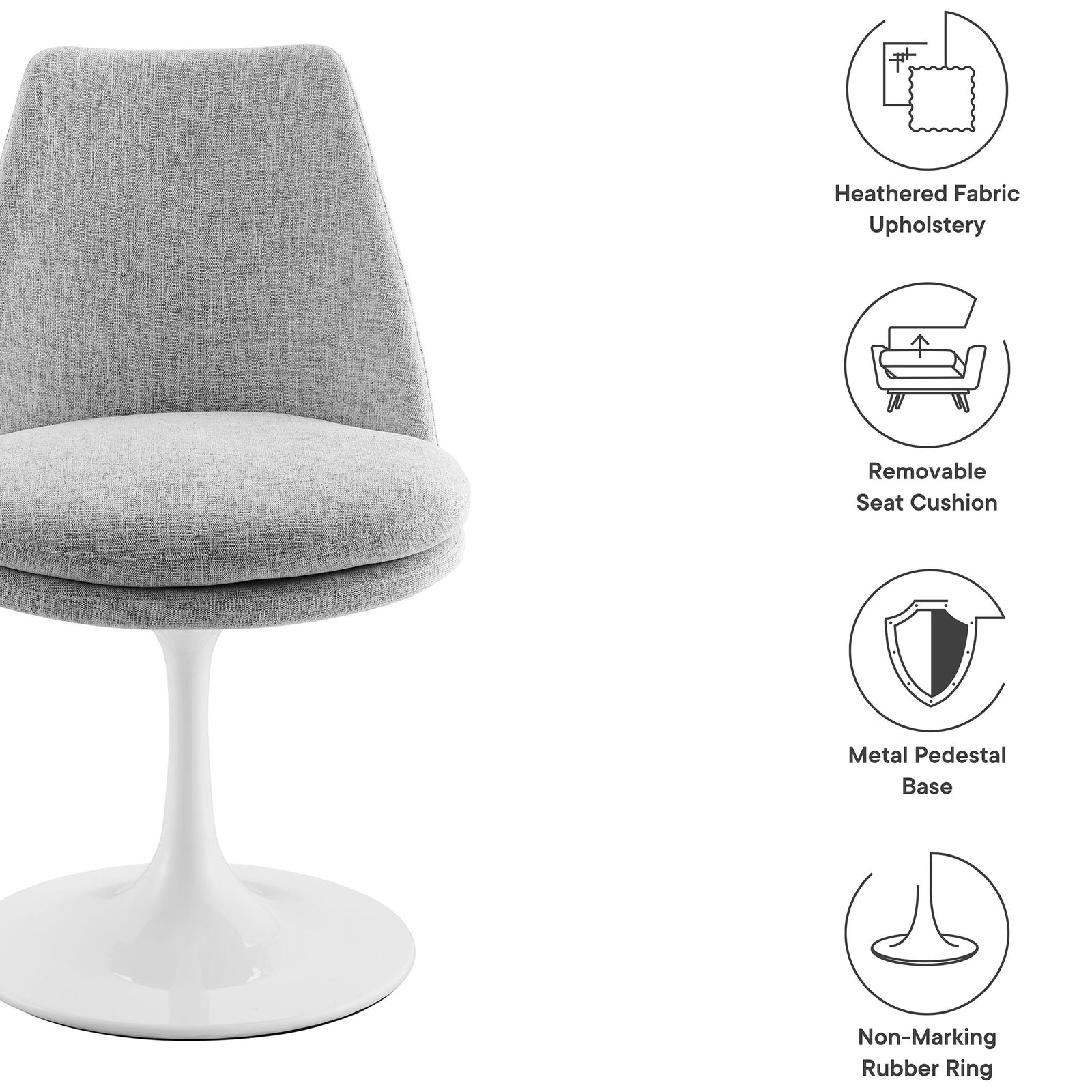 Light gray swivel dining chair highlighting heathered upholstery, removable cushion, pedestal base, and floor-safe ring || EEI-6953-WHI-HLG || callout_studio