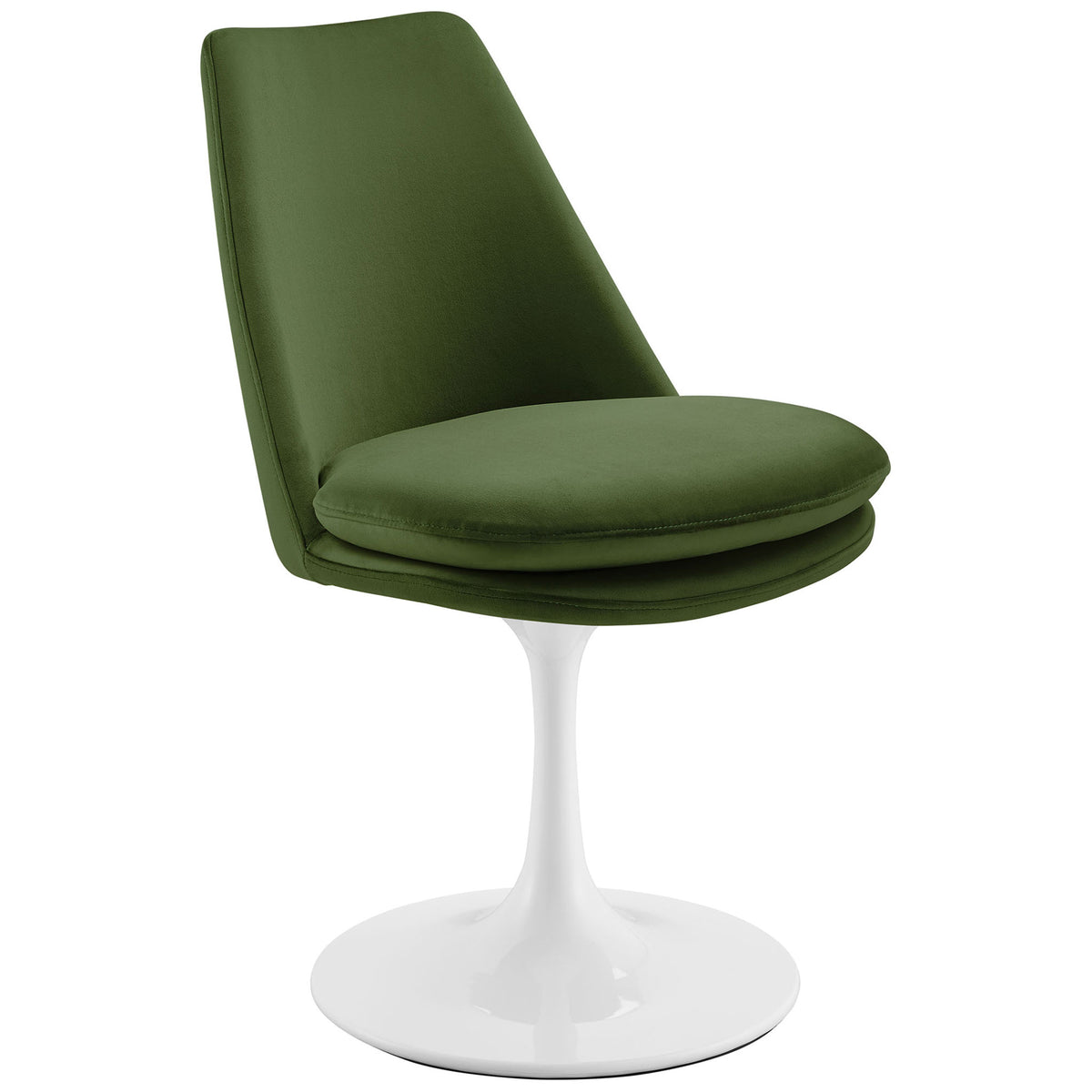 Modern moss green velvet side chair with gently reclined back and sculptural tulip pedestal base || EEI-6954-WHI-MOG || front_angle_studio