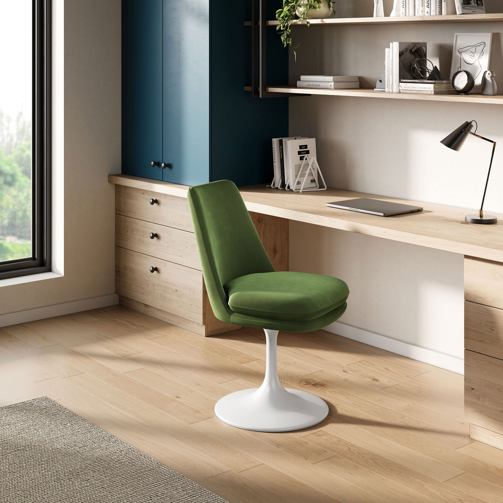 Green velvet swivel chair with white pedestal base styled as a modern home office seat || EEI-6954-WHI-MOG || front_angle_room