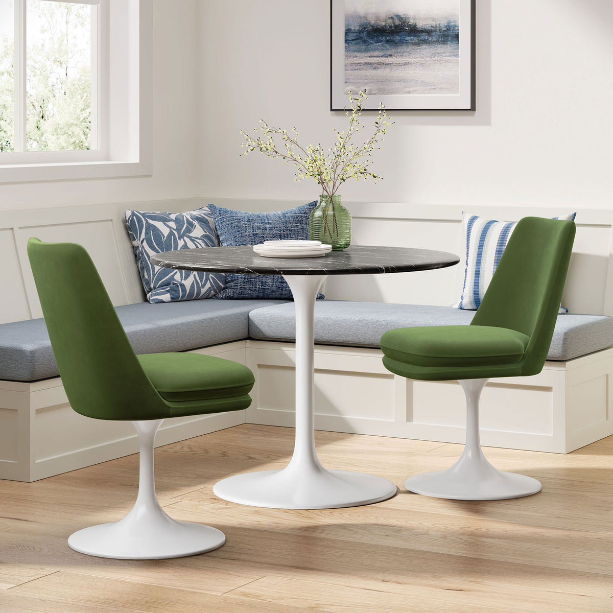 Pair of moss green pedestal chairs around a round dining table in a bright breakfast nook || EEI-6954-WHI-MOG || front_angle_room