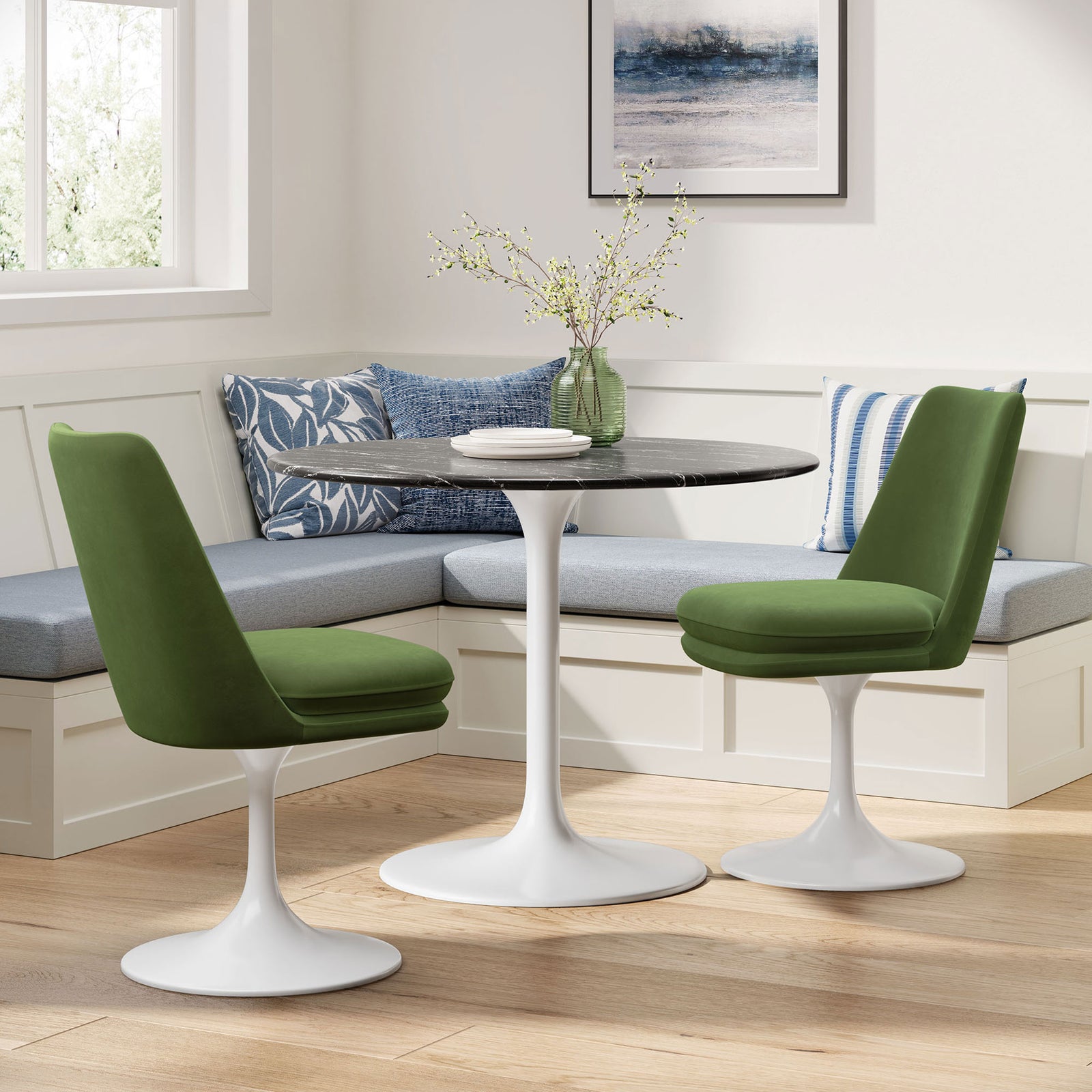 Pair of moss green pedestal chairs around a round dining table in a bright breakfast nook || EEI-6954-WHI-MOG || front_angle_room