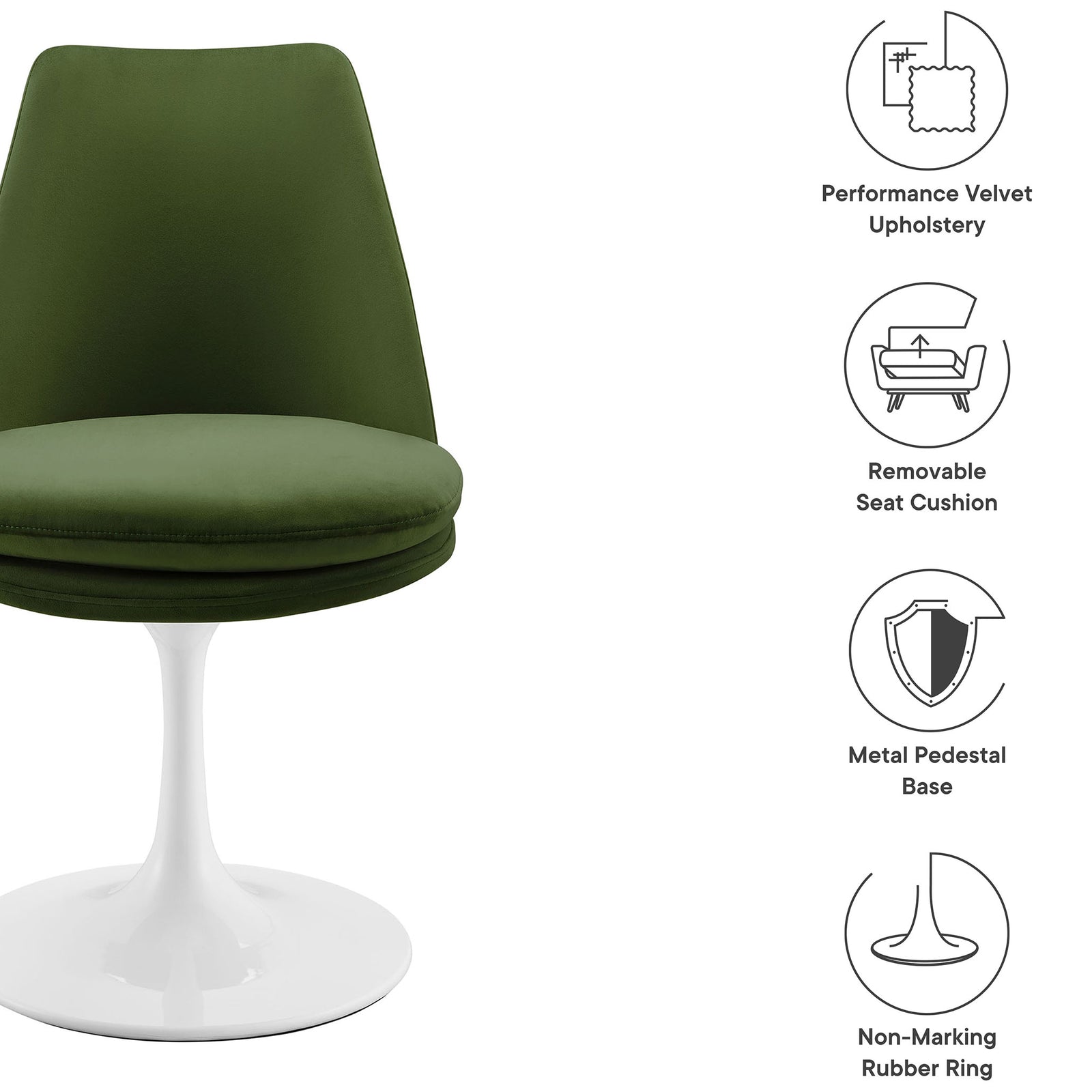 Green velvet swivel chair with pedestal base, removable cushion, and non marking floor-protecting ring || EEI-6954-WHI-MOG || callout_studio