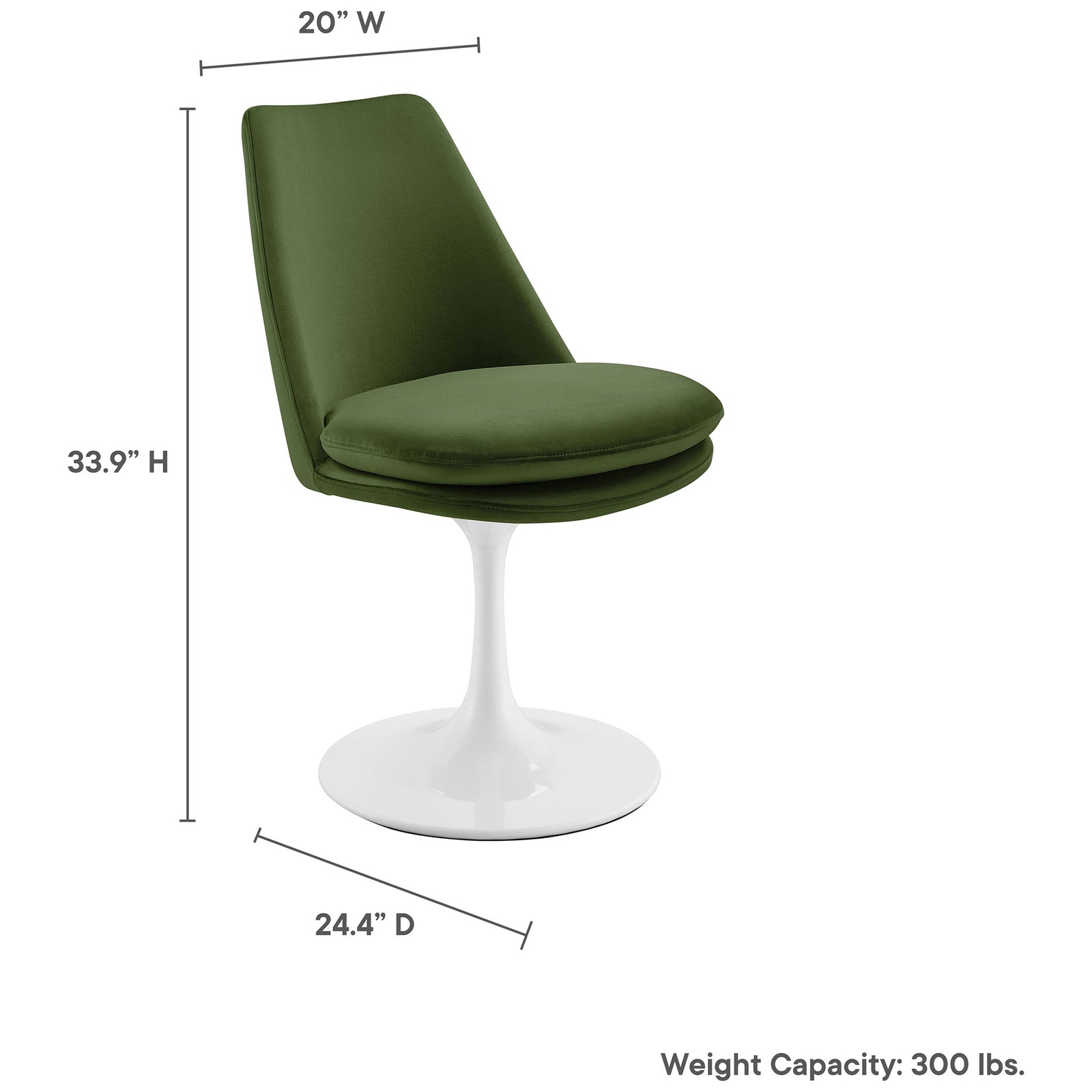 Lippa green velvet swivel dining chair with pedestal base and printed dimensions and weight capacity || EEI-6954-WHI-MOG || dimension_studio