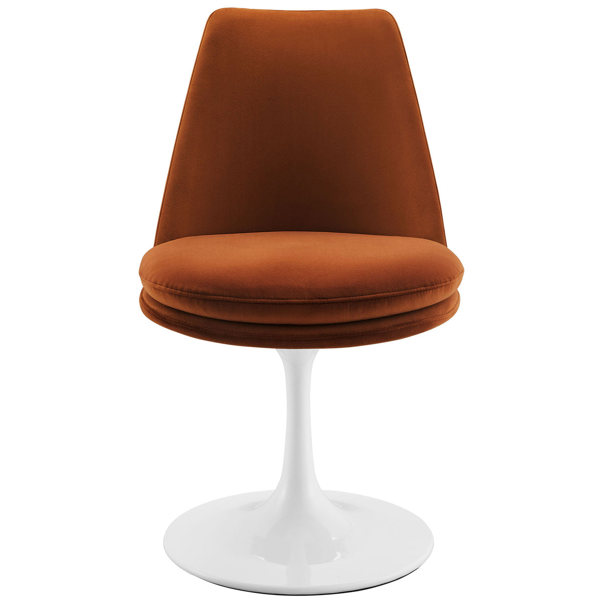 Rust velvet Lippa swivel dining chair with plush round cushion and sleek white pedestal base || EEI-6954-WHI-RUS || front_studio