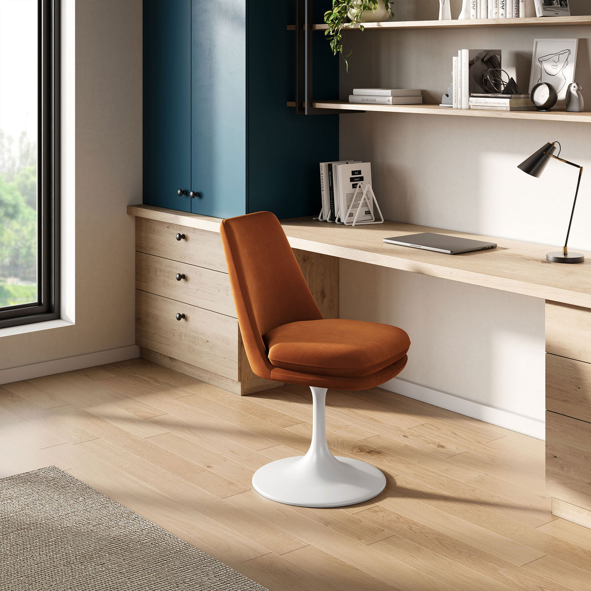 Lippa swivel chair adds warm rust color and modern comfort to a clean home office workspace || EEI-6954-WHI-RUS || front_angle_room