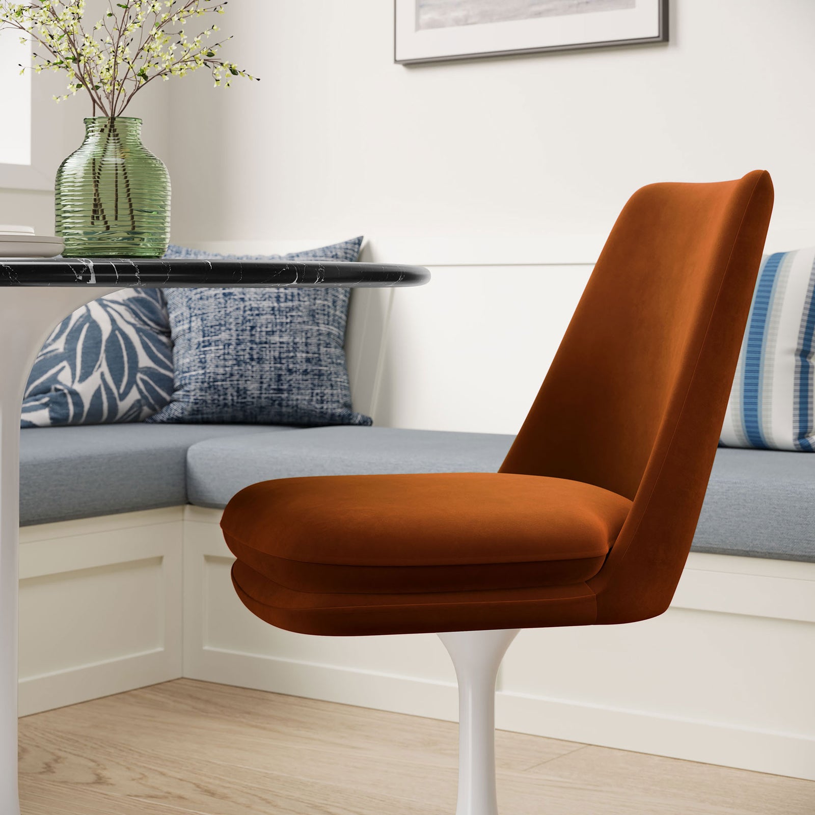 Space-saving pedestal chair tucks neatly at the breakfast nook while keeping a supportive high back || EEI-6954-WHI-RUS || side_room