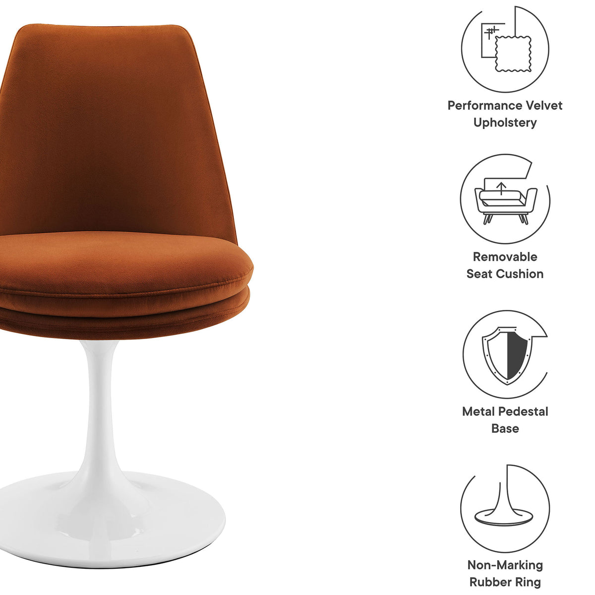 Feature graphic highlighting performance velvet, removable cushion, metal pedestal base, and floor protection || EEI-6954-WHI-RUS || callout_studio