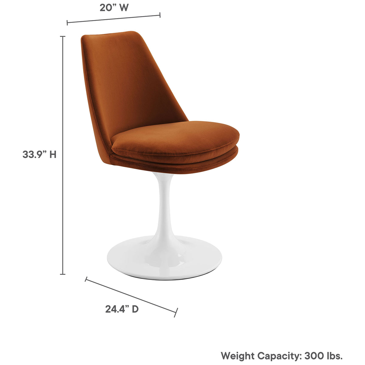 Dimension graphic showing chair height, width, depth, and weight capacity for easy planning || EEI-6954-WHI-RUS || dimension_studio