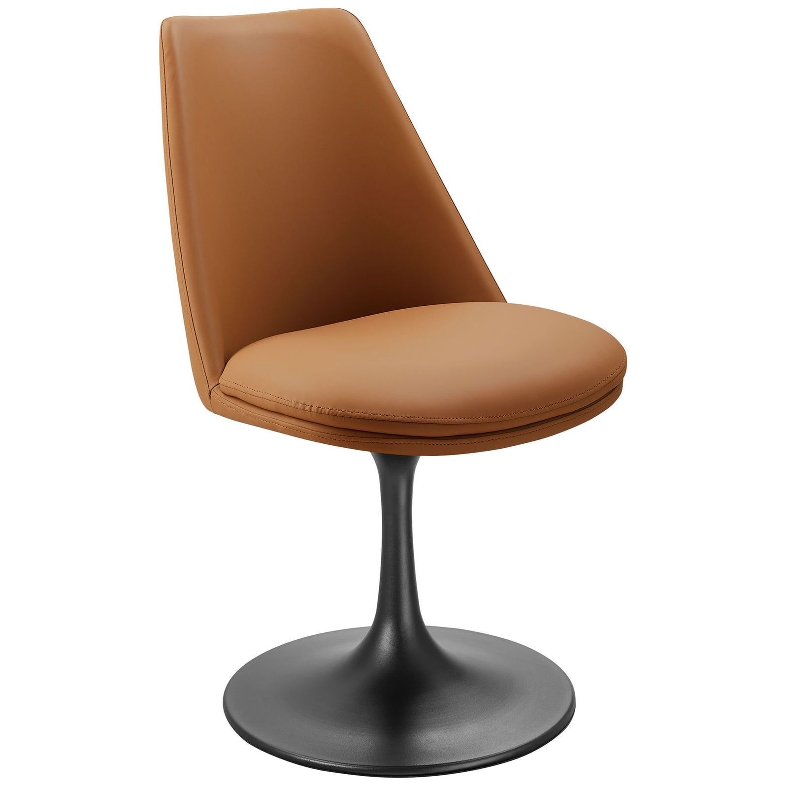 Modern tan vegan leather dining chair featuring a plush fixed seat cushion and sleek black swivel pedestal || EEI-6955-BLK-TAN || front_angle_studio