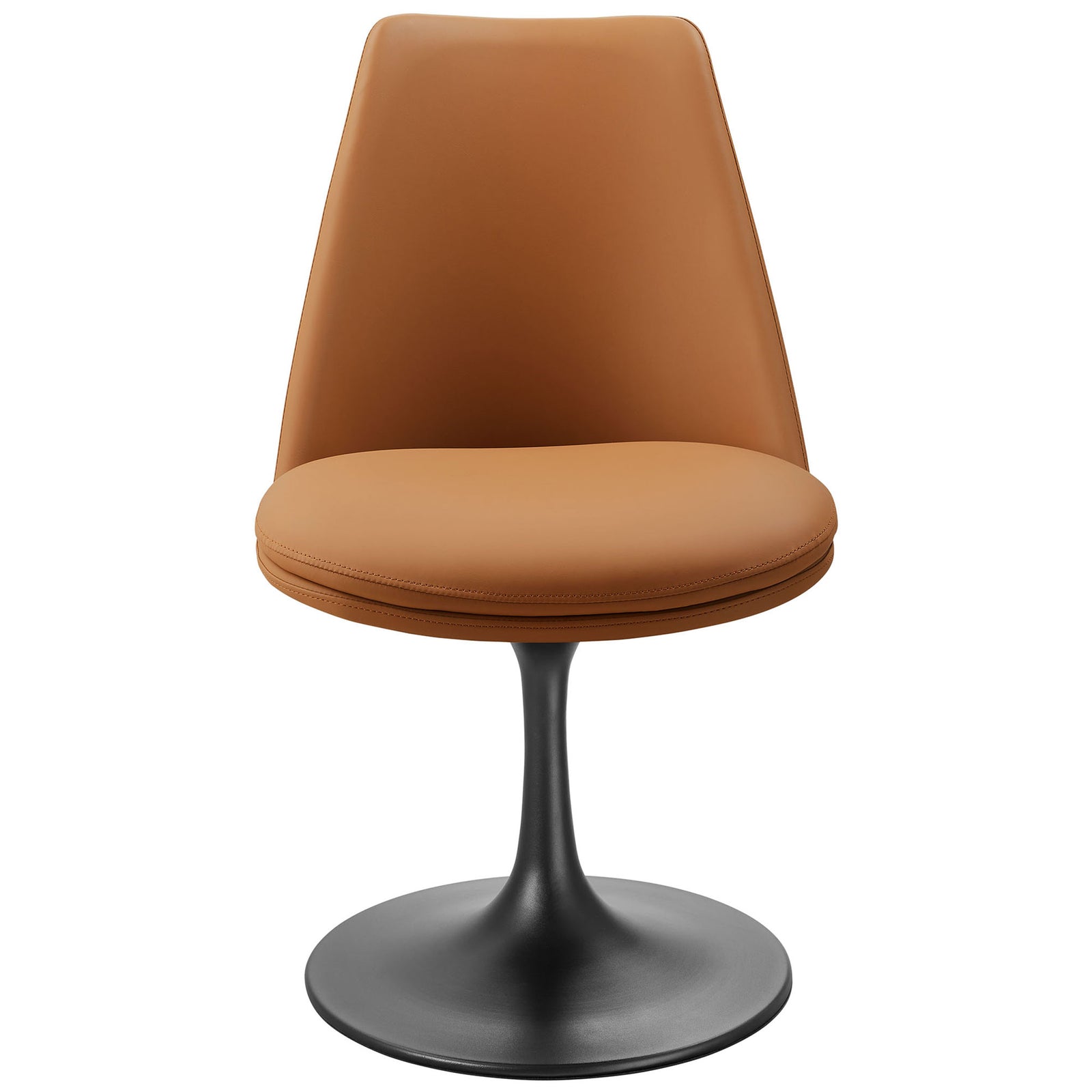 Lippa tan vegan leather swivel dining chair with black pedestal base and contoured armless back || EEI-6955-BLK-TAN || front_studio