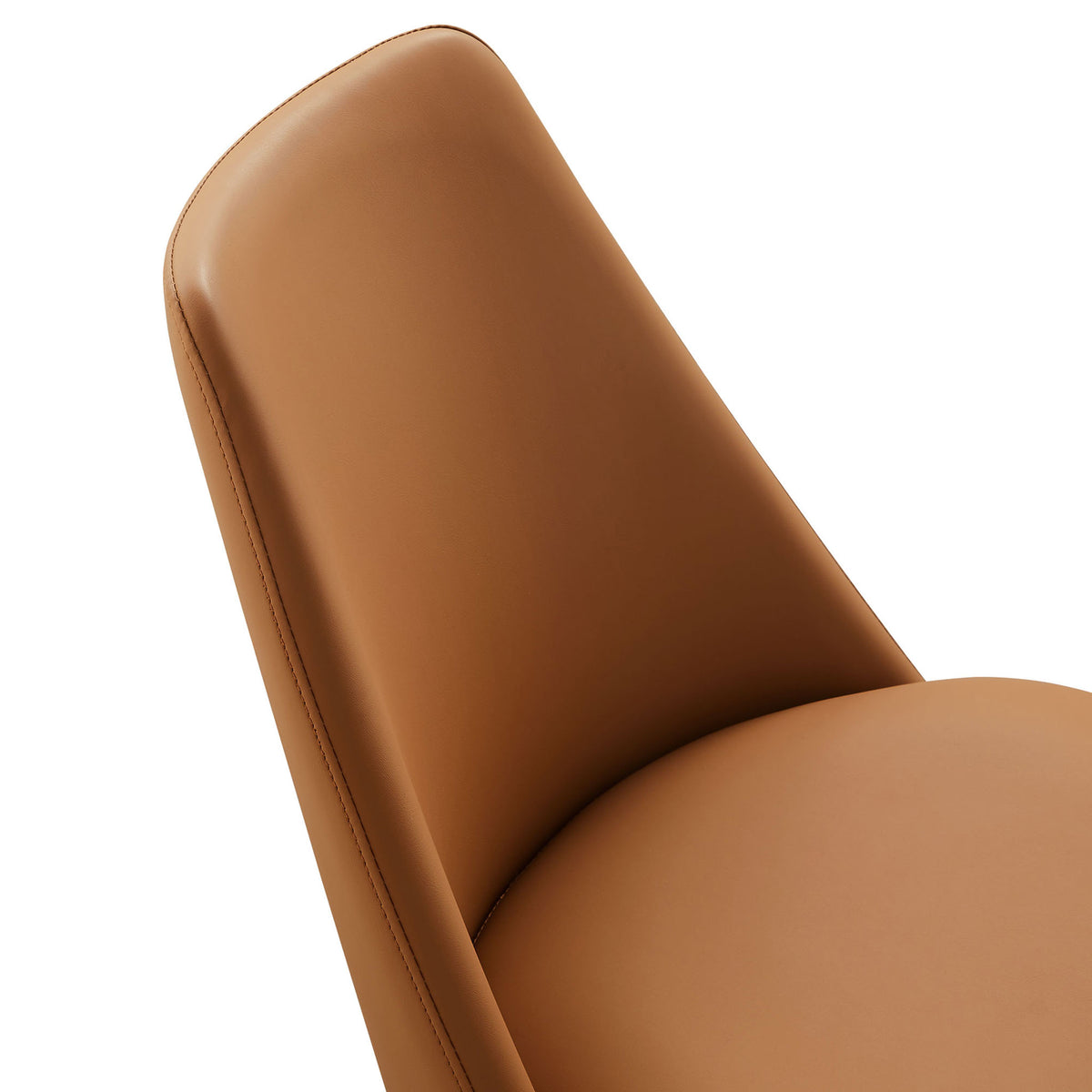 Lippa chair's tan vegan leather upholstery with softly rounded seat and backrest edges || EEI-6955-BLK-TAN || detail_studio