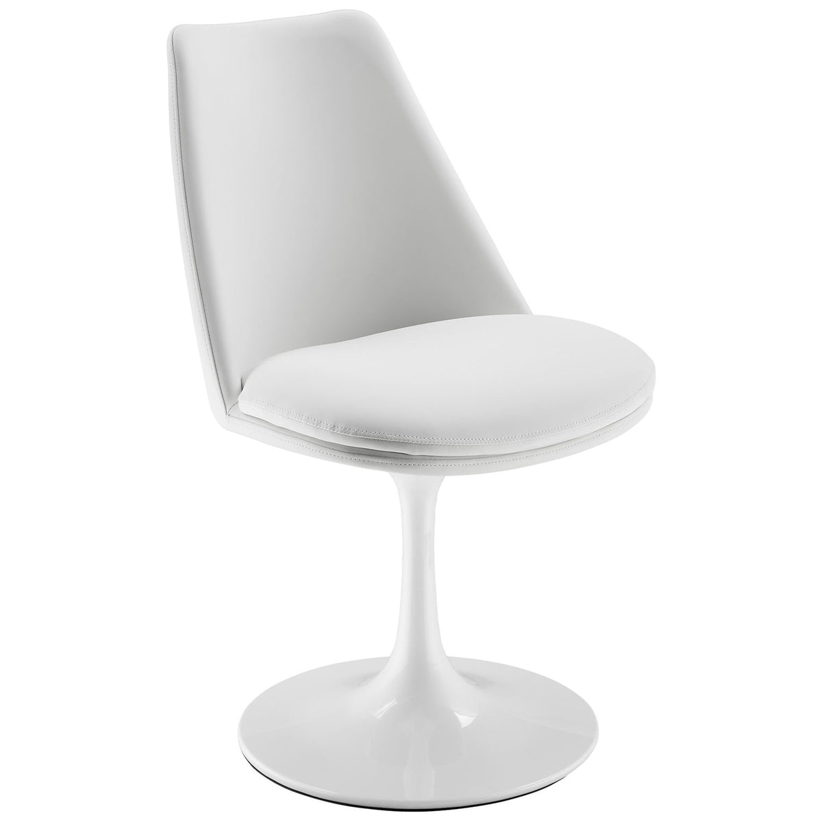 White swivel dining side chair with sleek armless silhouette and plush round seat on tulip-style pedestal base || EEI-6955-WHI-WHI || front_angle_studio
