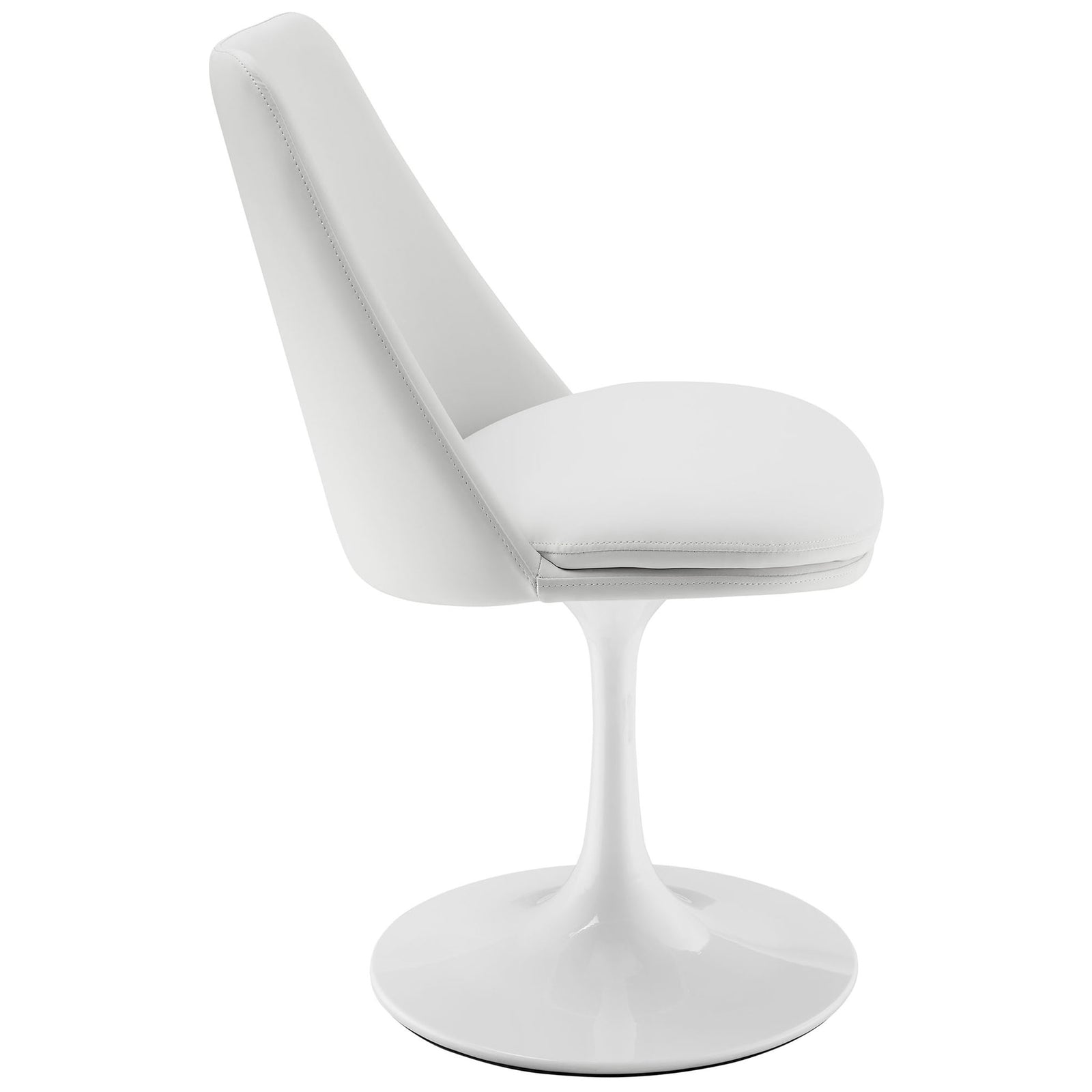 Streamlined white vegan leather chair showing slim reclined back and generously padded seat over pedestal base || EEI-6955-WHI-WHI || side_studio