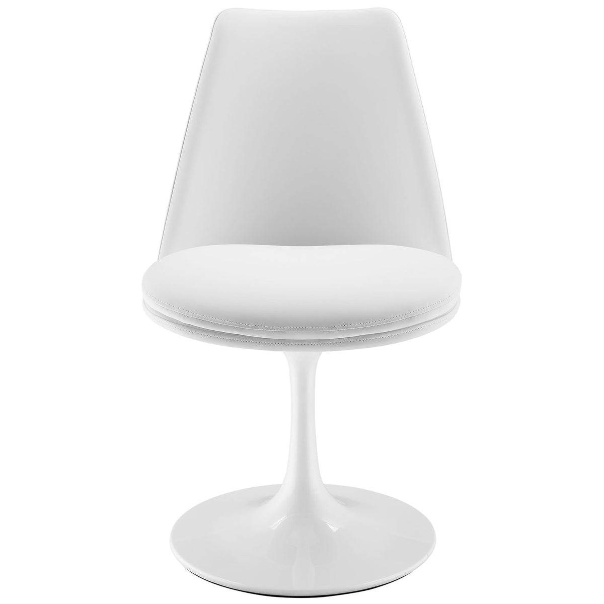 Modern white vegan leather dining chair with contoured backrest and cushioned swivel seat on pedestal base || EEI-6955-WHI-WHI || front_studio