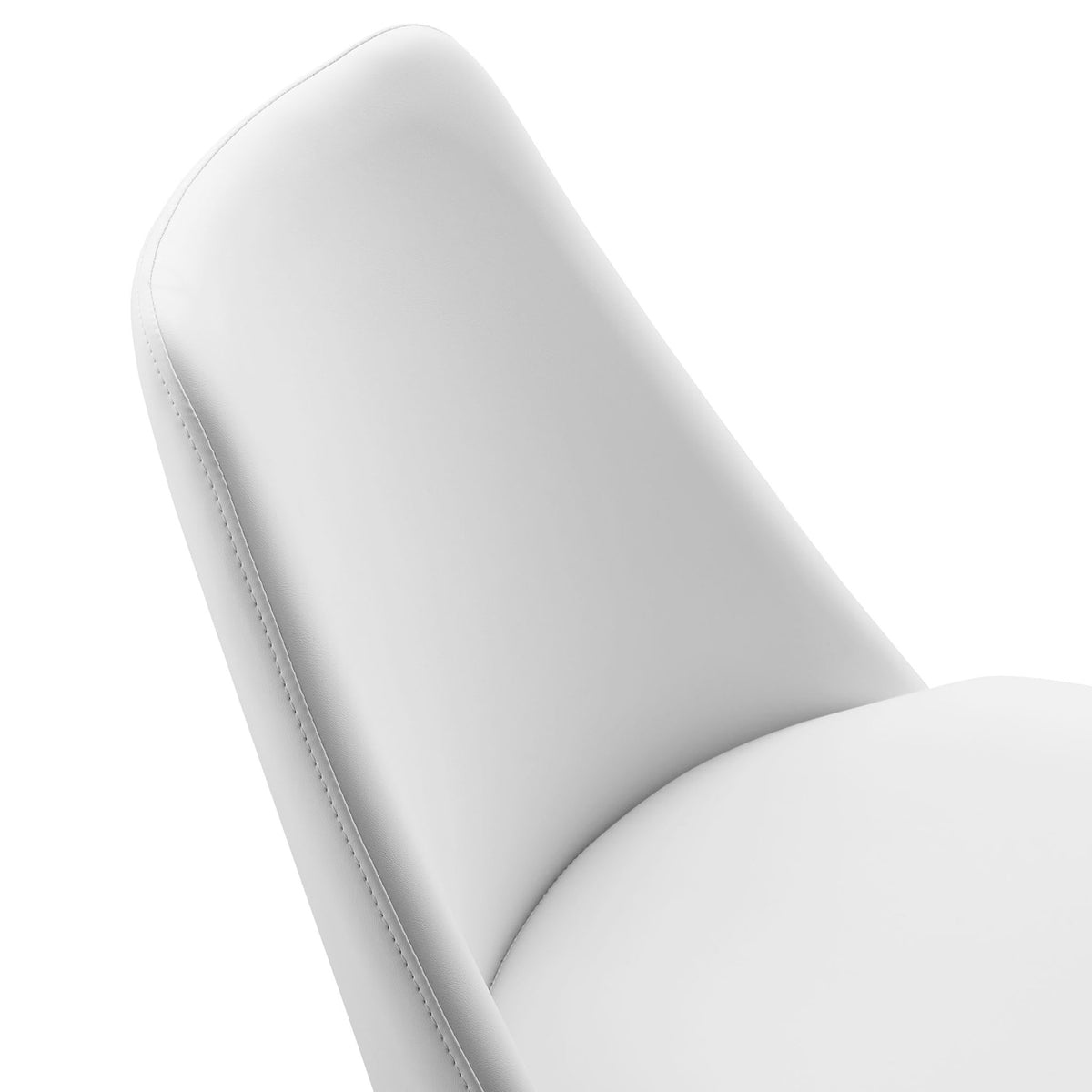 Soft white vegan leather upholstery with subtle stitching along the gently contoured back and seat edge || EEI-6955-WHI-WHI || detail_studio