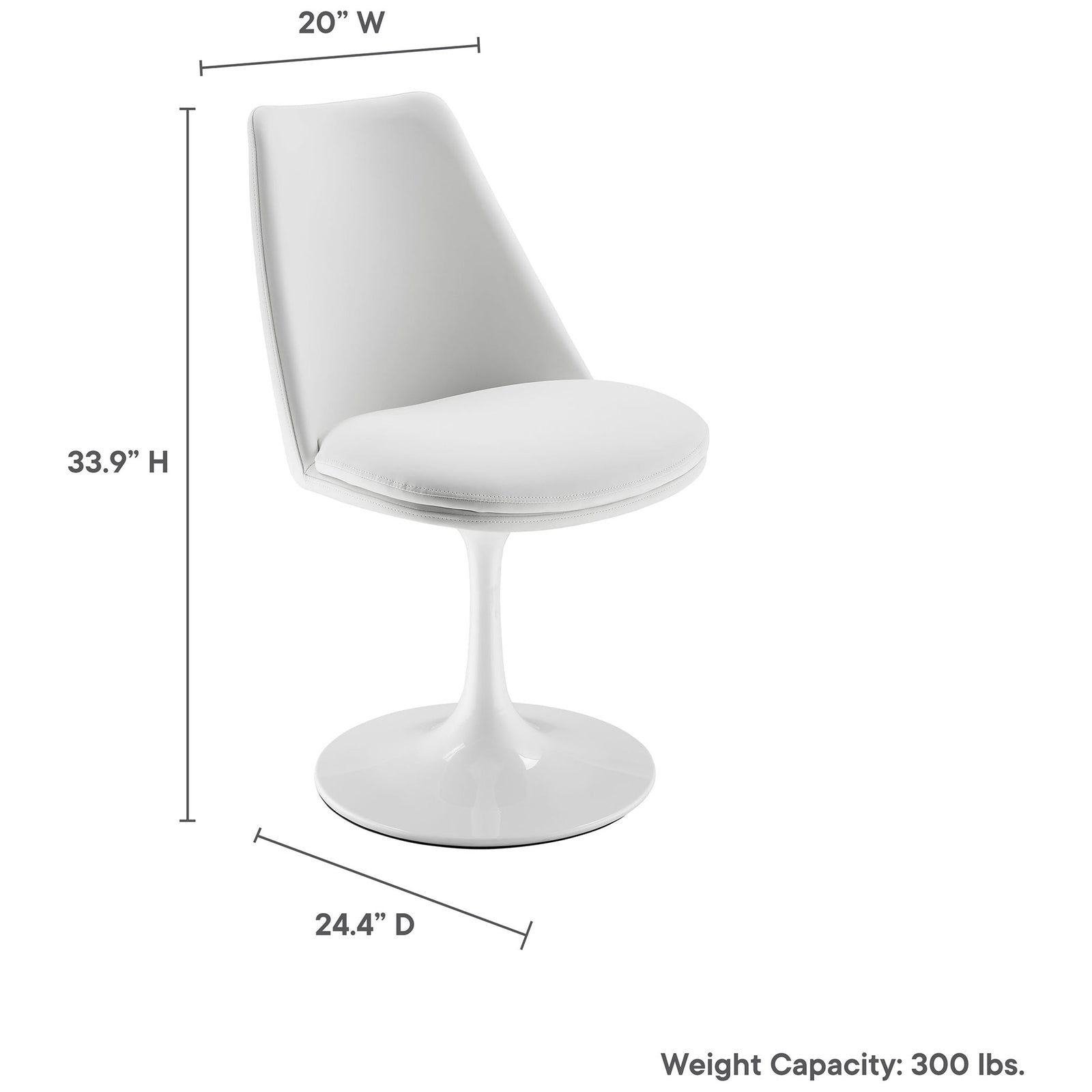 White swivel dining chair with labeled dimensions and 300 pound weight capacity for easy planning || EEI-6955-WHI-WHI || dimension_studio