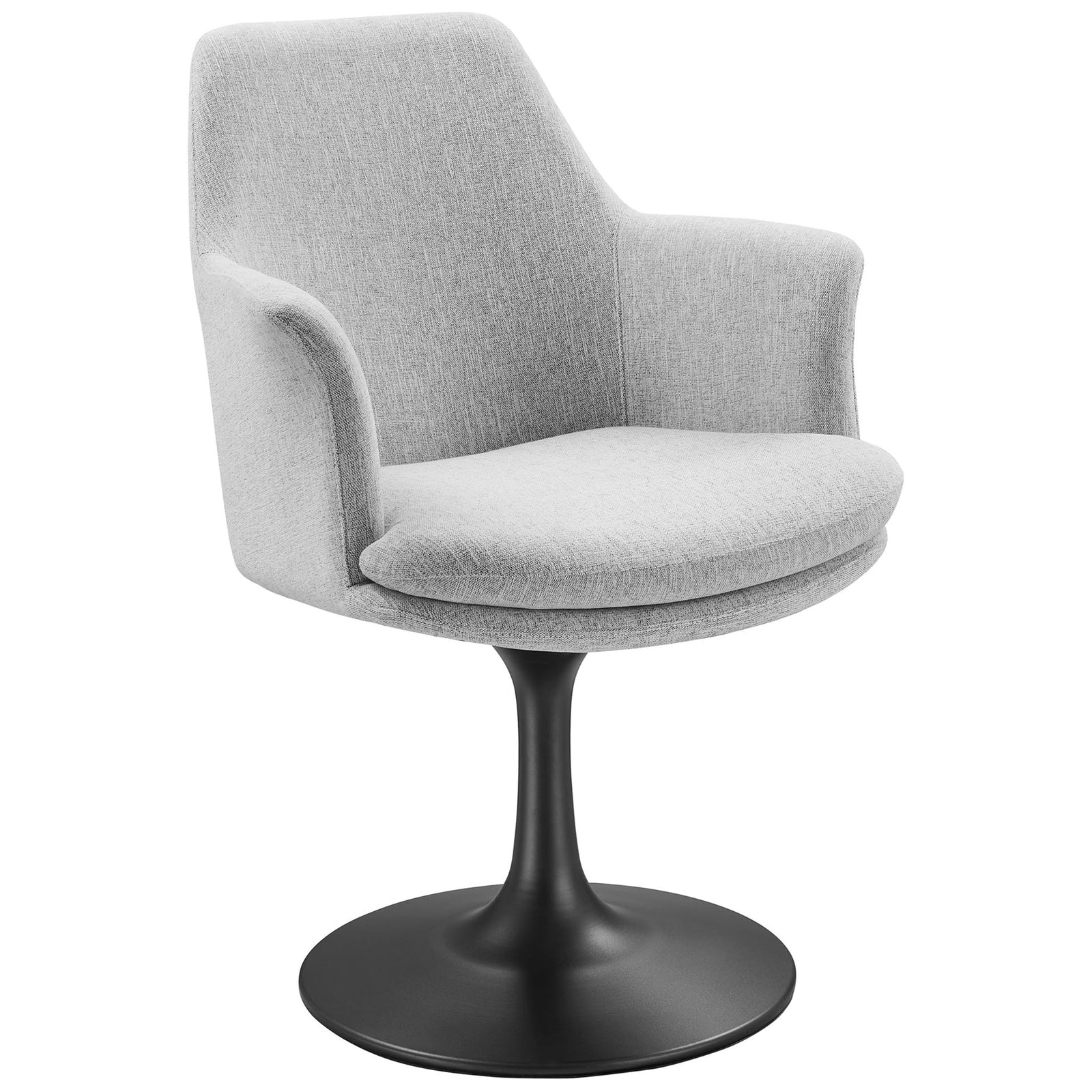 Modern gray swivel dining armchair with plush seat cushion and black pedestal base || EEI-6956-BLK-HLG || front_angle_studio