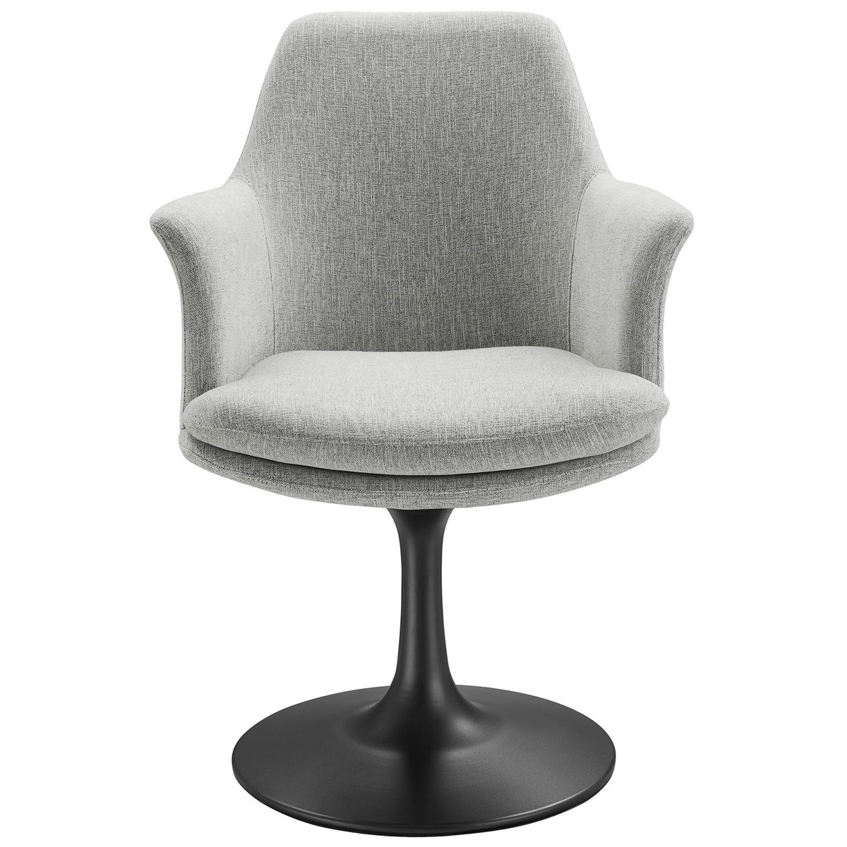 Gray upholstered Lippa armchair with curved arms, high backrest, and black pedestal base || EEI-6956-BLK-HLG || front_studio