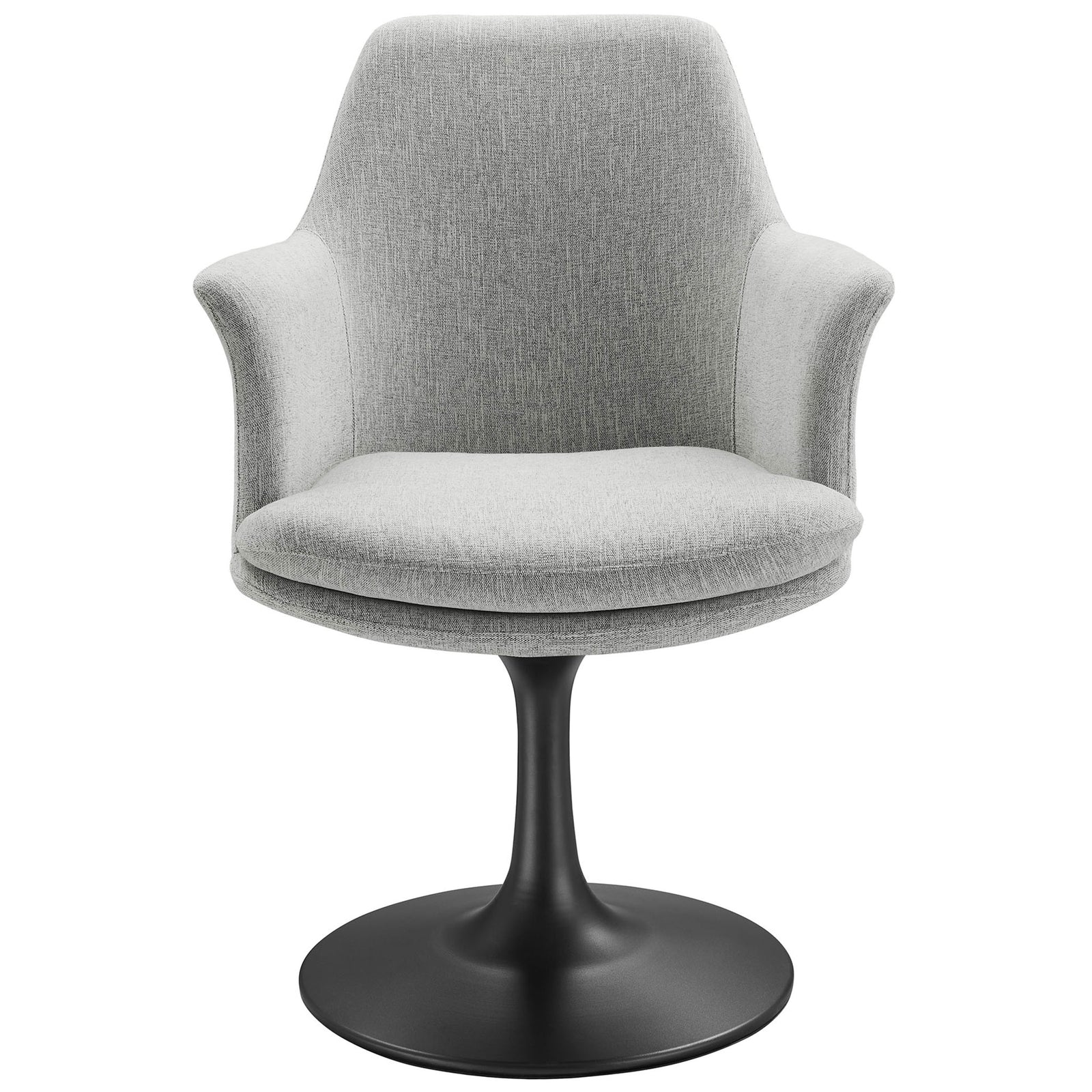 Gray upholstered Lippa armchair with curved arms, high backrest, and black pedestal base || EEI-6956-BLK-HLG || front_studio