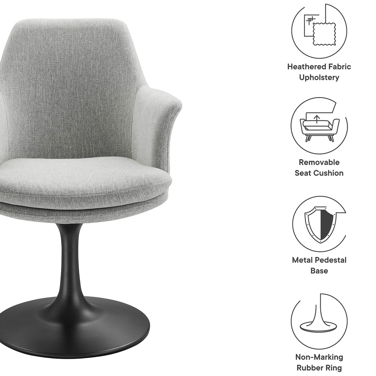 Gray Lippa swivel armchair with heathered fabric, removable cushion, pedestal base, and rubber floor ring || EEI-6956-BLK-HLG || callout_studio