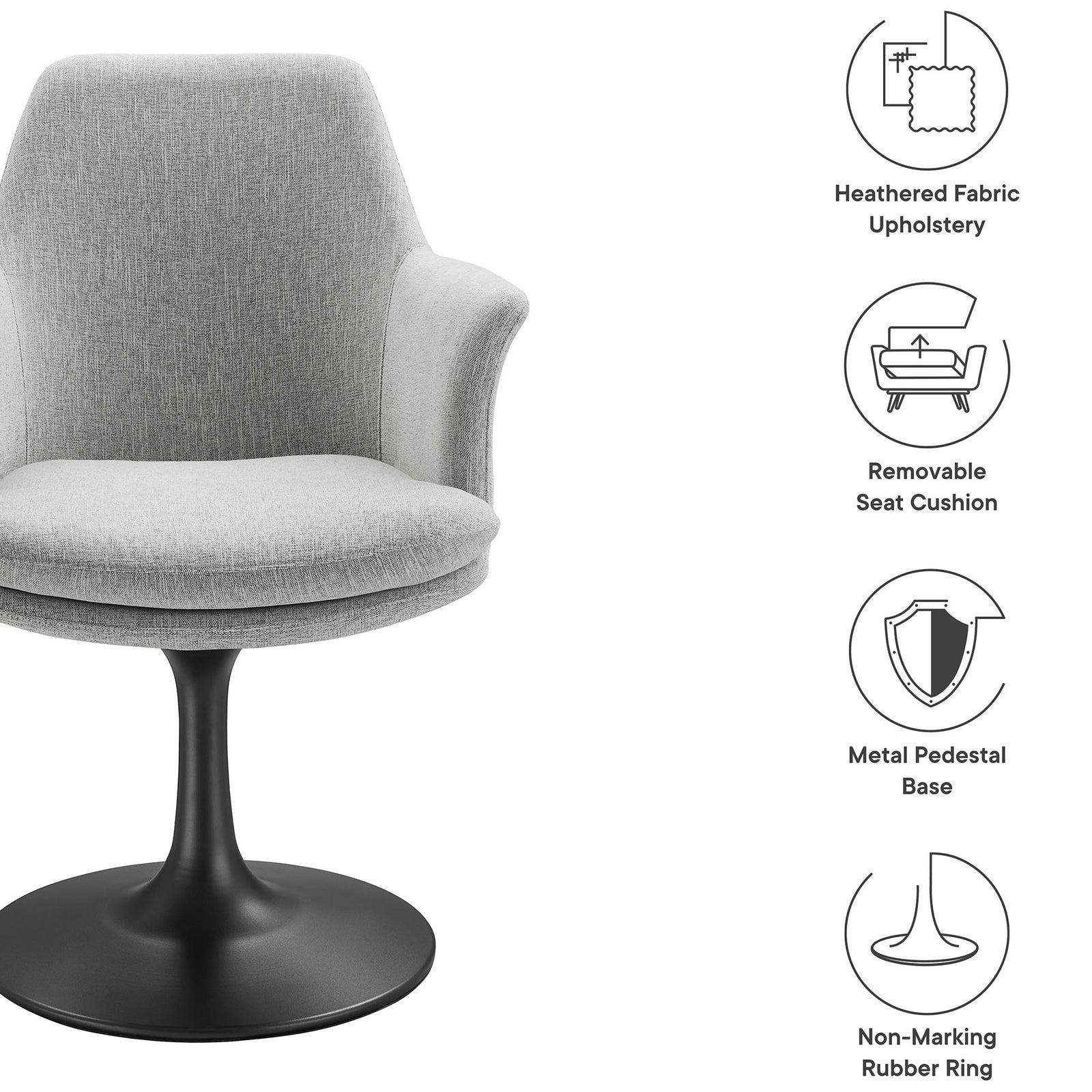 Gray Lippa swivel armchair with heathered fabric, removable cushion, pedestal base, and rubber floor ring || EEI-6956-BLK-HLG || callout_studio