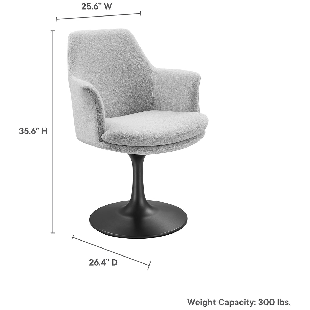 Gray upholstered armchair with pedestal base and printed dimensions and weight capacity details || EEI-6956-BLK-HLG || dimension_studio
