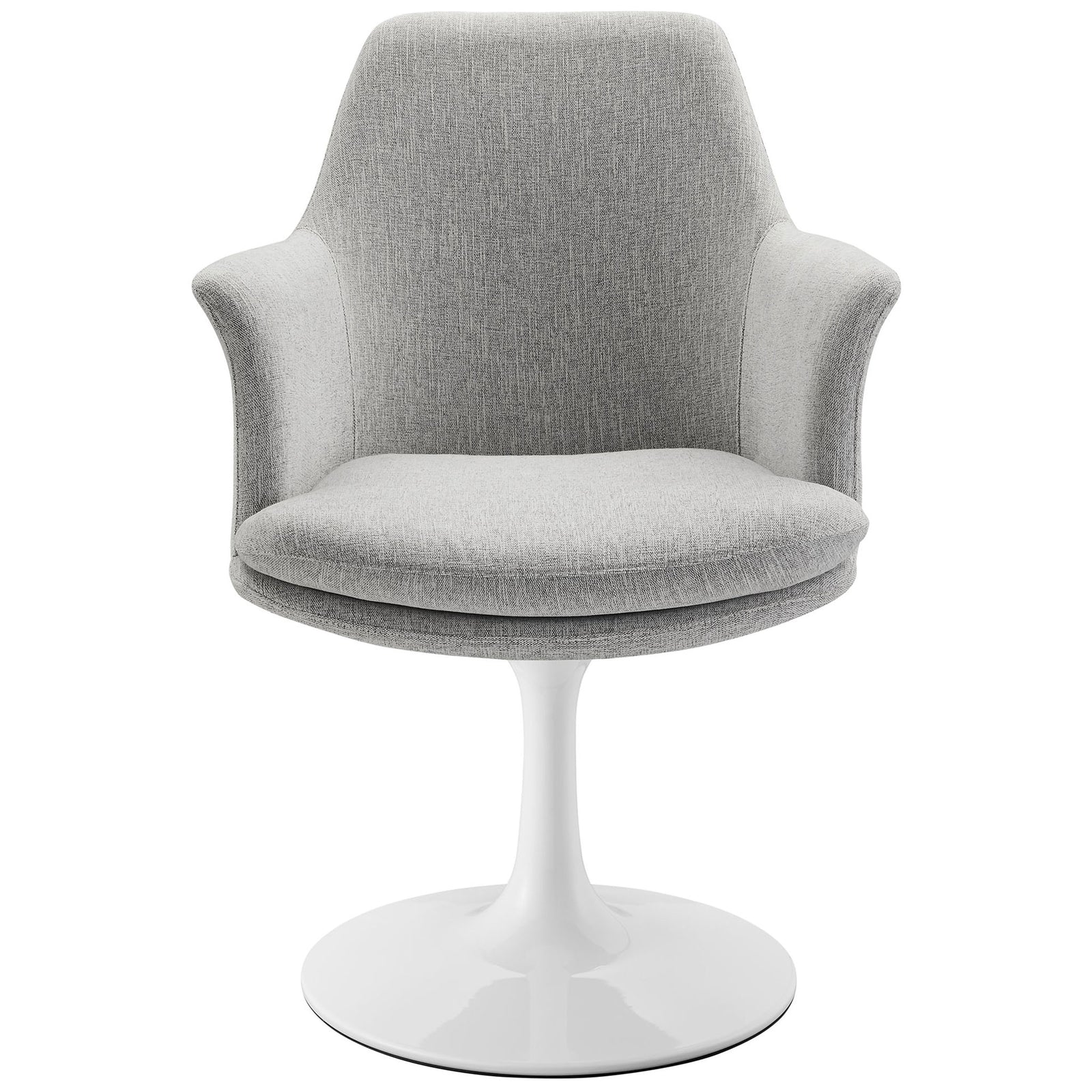 Gray dining armchair with high supportive back, flared arms, and plush upholstered seat on pedestal base. || EEI-6956-WHI-HLG || front_studio