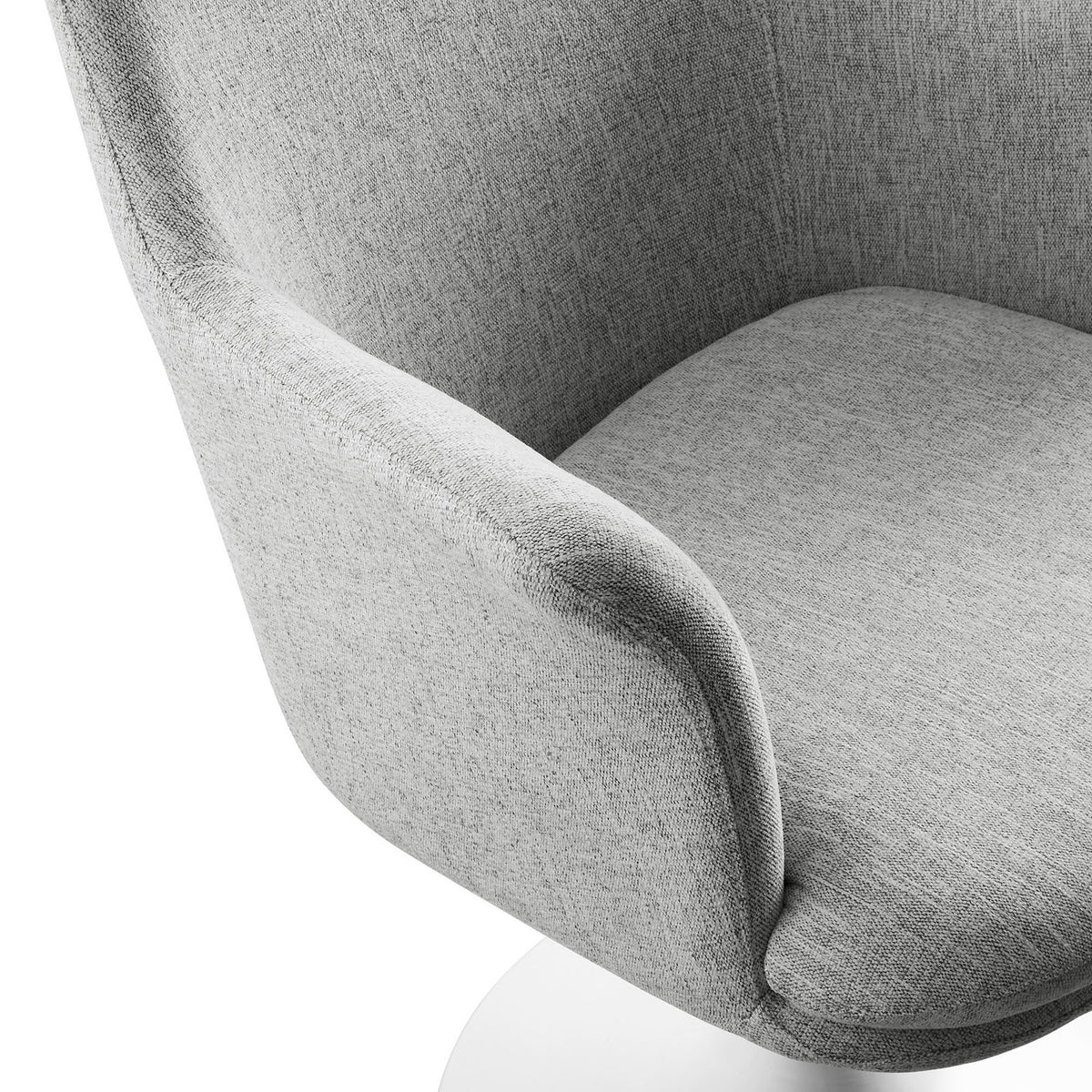 Textured gray upholstery and curved arm detail shown over the generously cushioned seat of the swivel chair. || EEI-6956-WHI-HLG || detail_studio